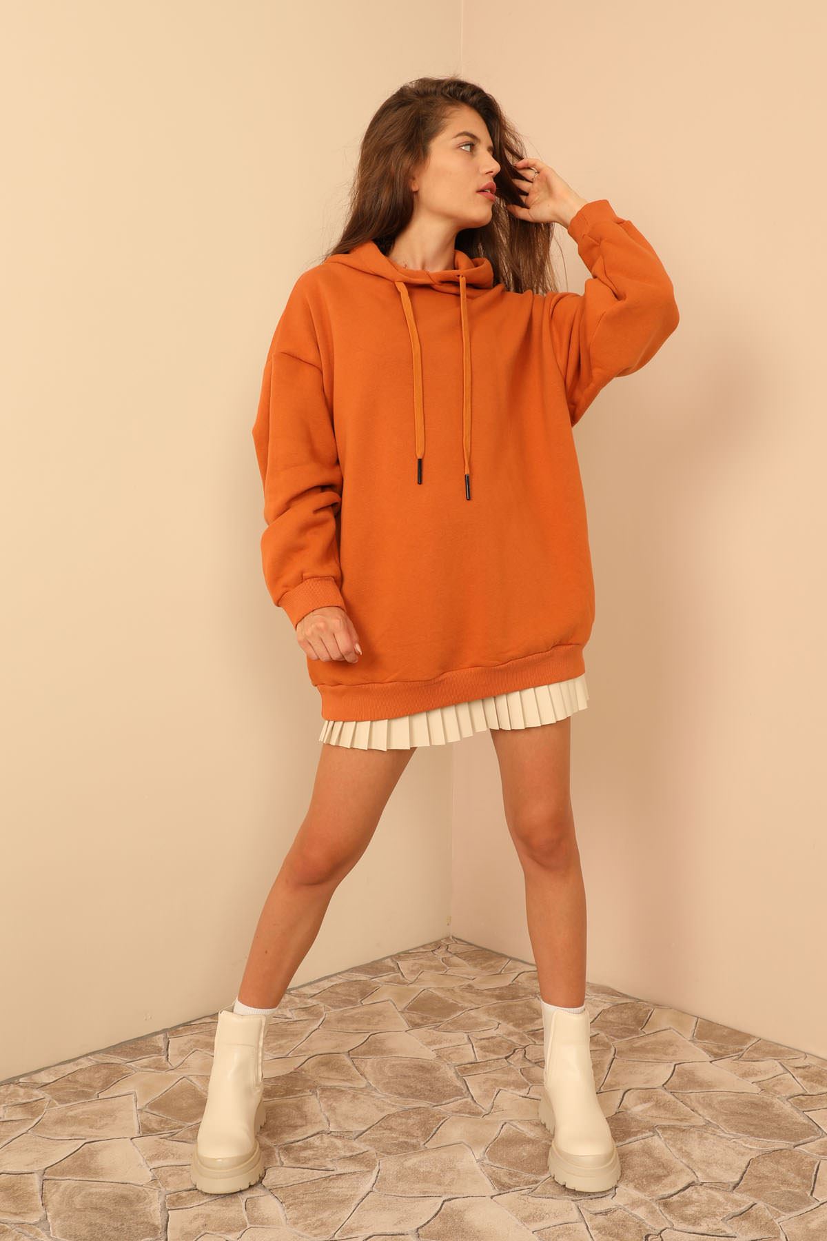 Şardonlu 3 İplik Kumaş Uzun Kol Basen Boy Kadın Sweatshirt-Tarçın