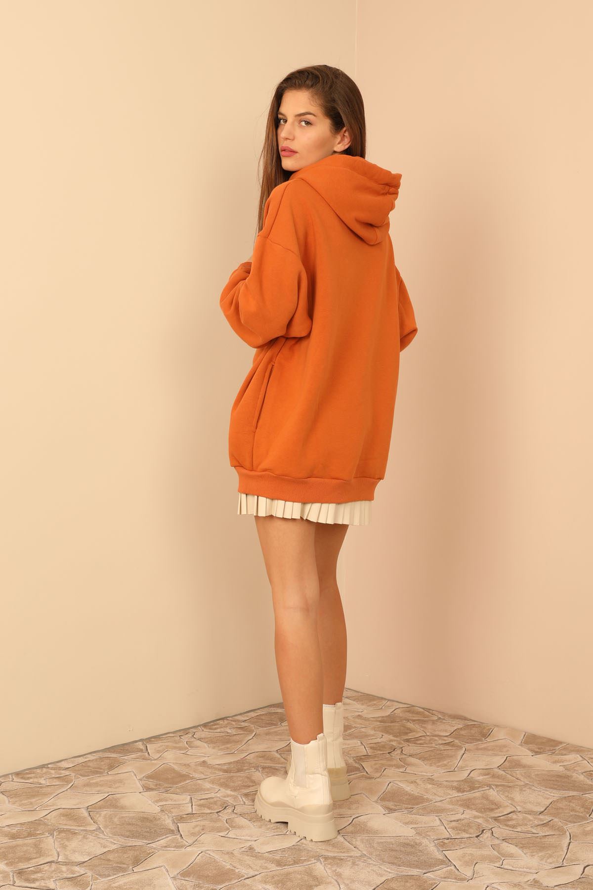 Third Knit With Wool İnside Fabric Hooded Hip Height Oversize Women Sweatshirt - Cinnamon 