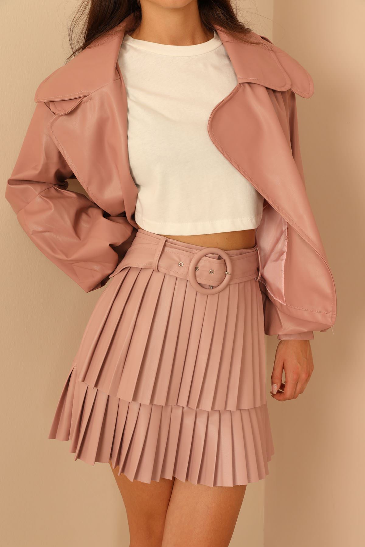 Leather Fabric Full Fit Pleated Mini Skirt - Light Pink
