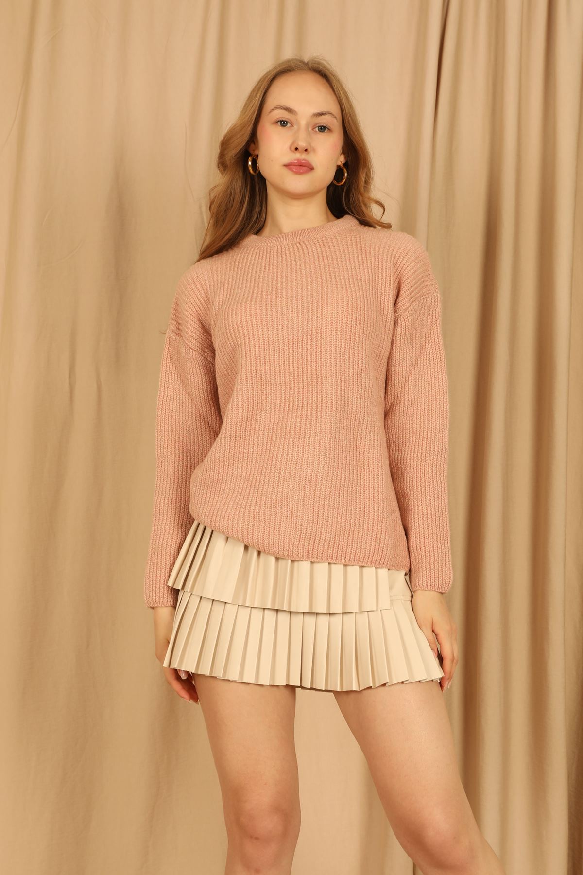 Triko Kumaş Yan Yırtmaçlı Kadın Kazak-Somon