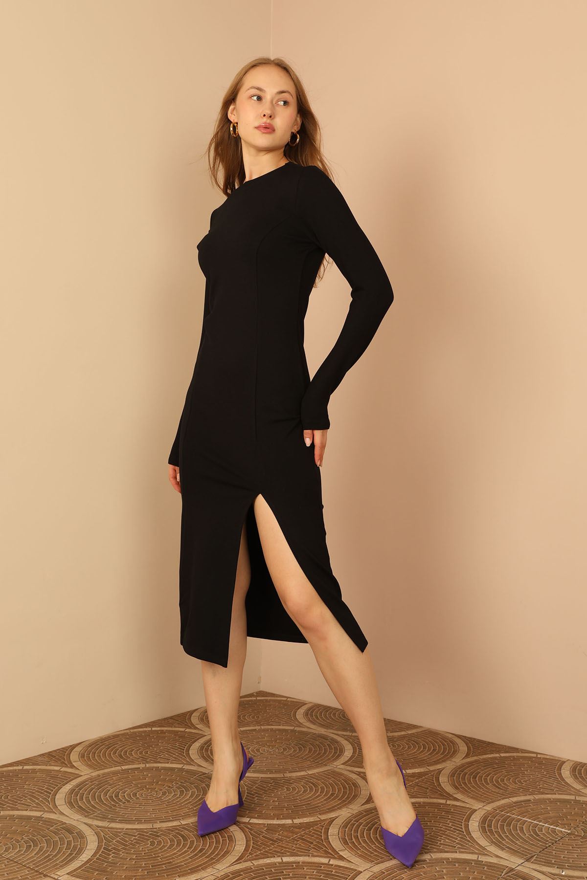 Knit Fabric Long Sleeve Bicycle Collar Tight Fit Slit Mini Women Dress - Black