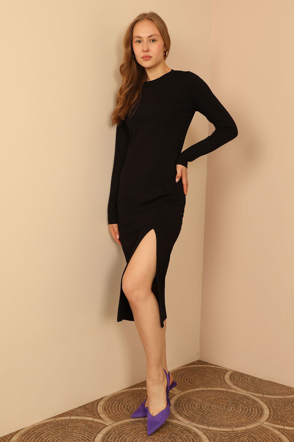 Knit Fabric Long Sleeve Bicycle Collar Tight Fit Slit Mini Women Dress - Black