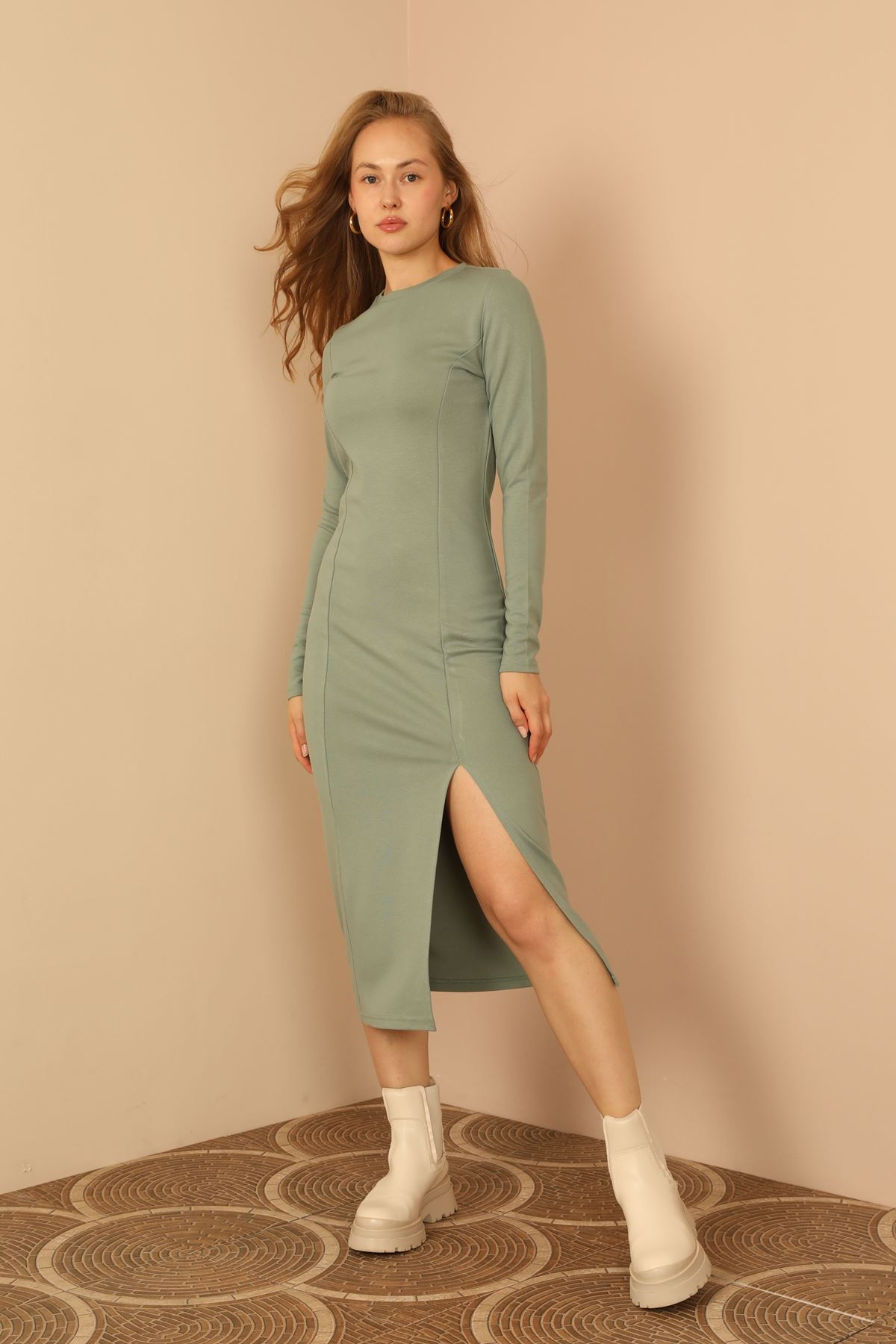 Knit Fabric Long Sleeve Bicycle Collar Tight Fit Slit Mini Women Dress - Mint
