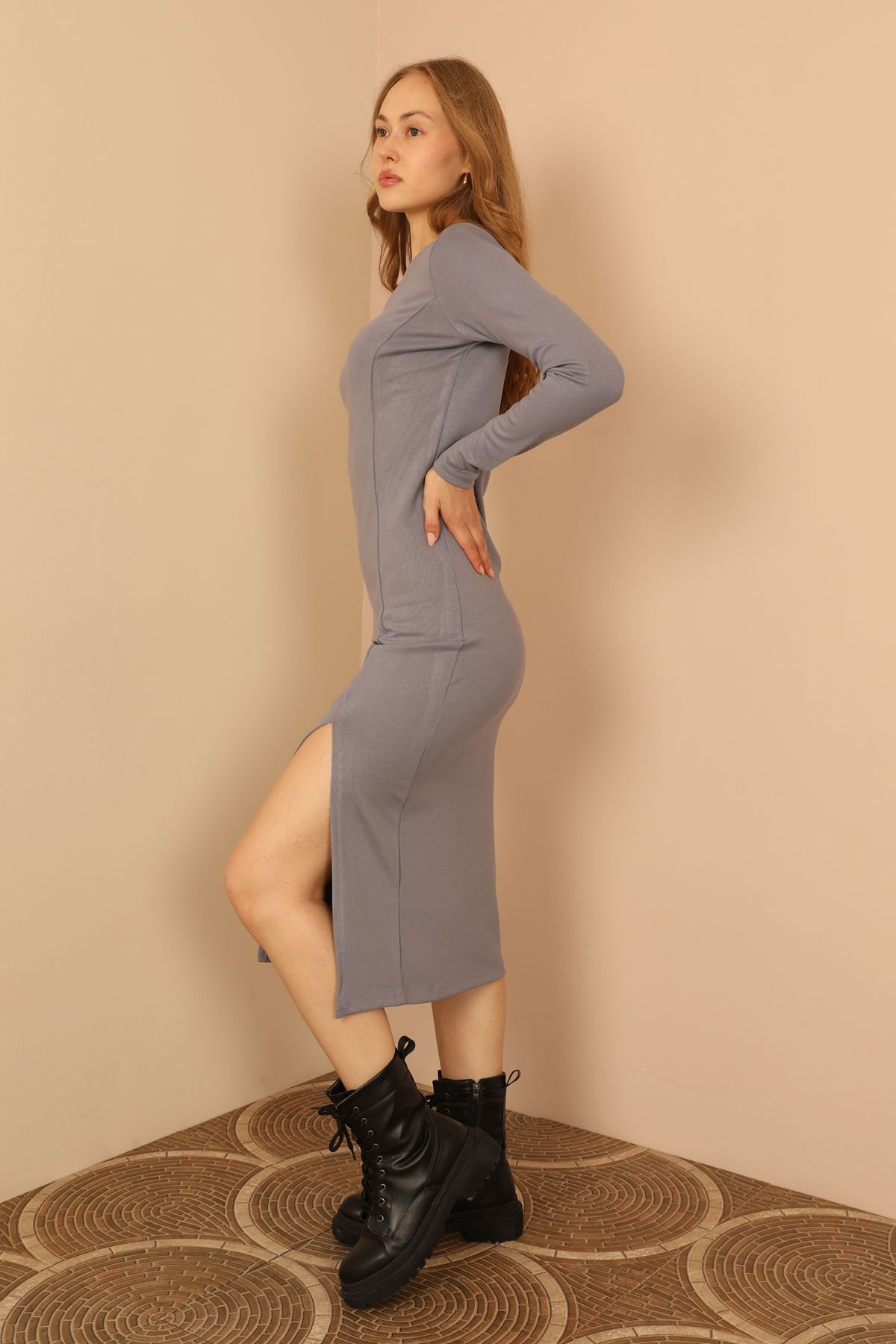 Knit Fabric Long Sleeve Bicycle Collar Tight Fit Slit Mini Women Dress - Blue