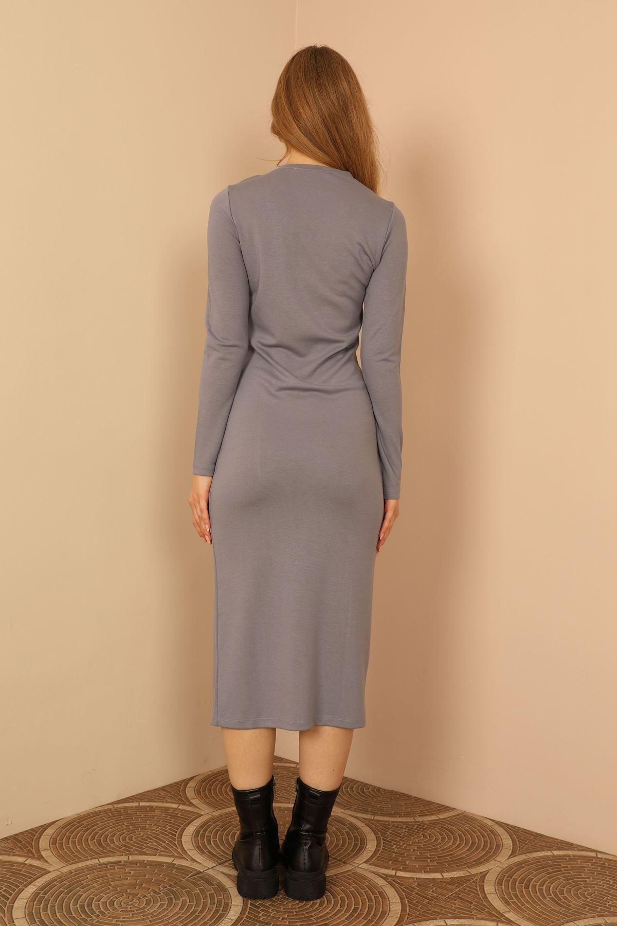 Трикотажная ткань ниже колен женское платье с вырезом - Синий