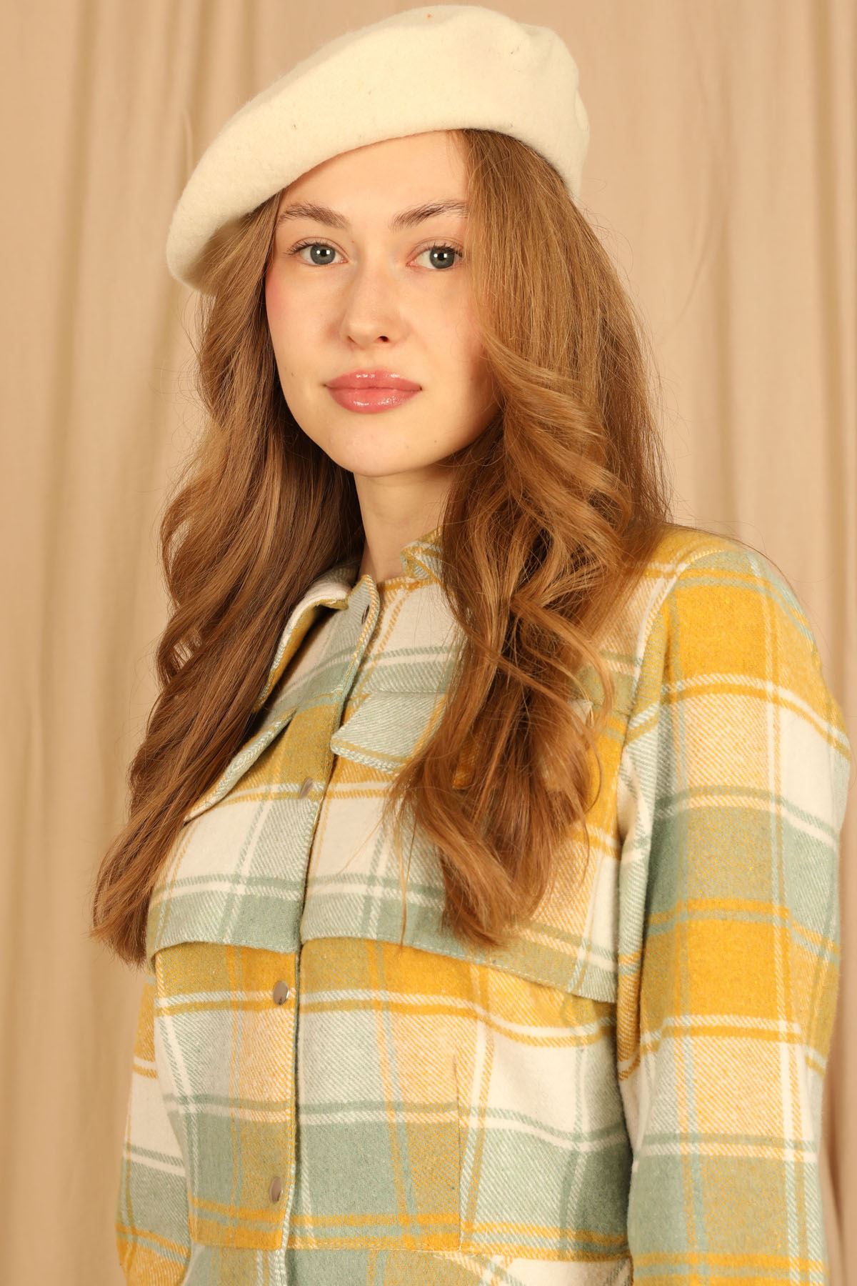 Lumberjack Fabric Long Sleeve Shirt Collar Plaid Asymmetric Women Dress - Mustard