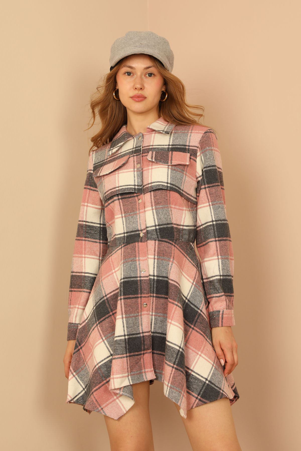 Lumberjack Fabric Long Sleeve Shirt Collar Plaid Asymmetric Women Dress - Light Pink
