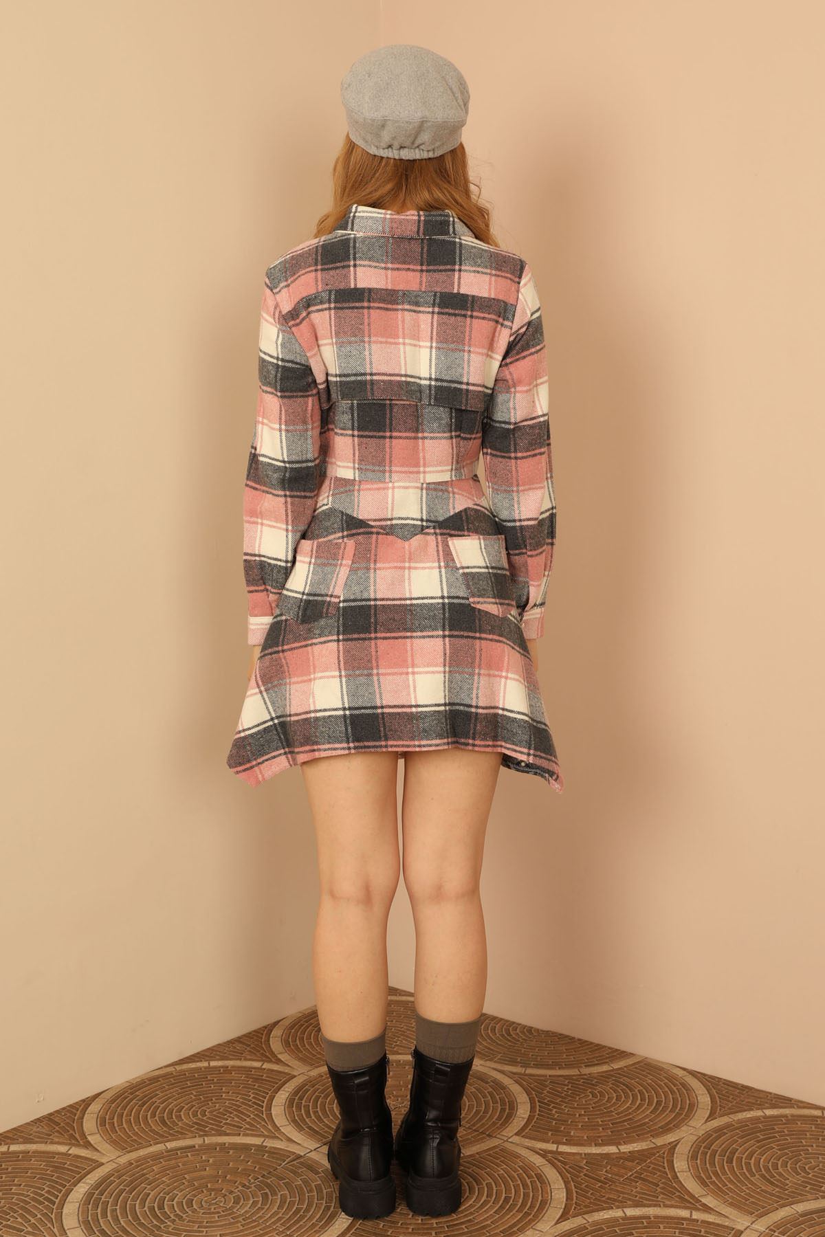 Lumberjack Fabric Long Sleeve Shirt Collar Plaid Asymmetric Women Dress - Light Pink