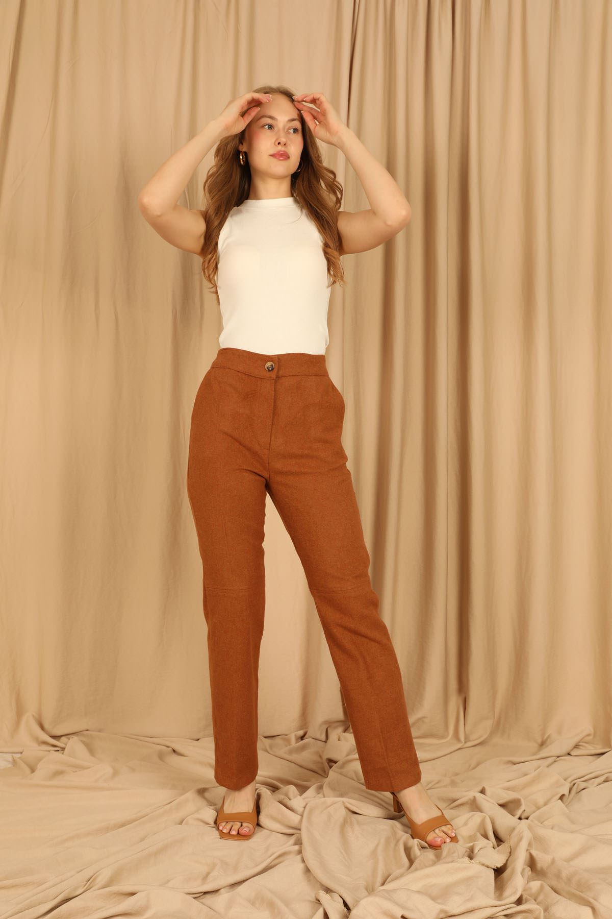 Kaşe Kumaş Uzun Boy Klasik Kadın Pantolon-Kiremit