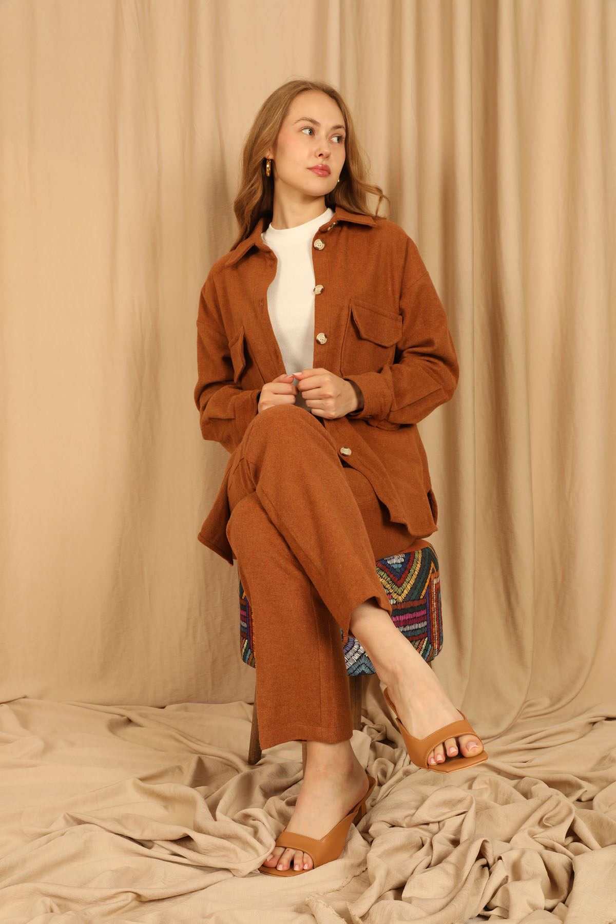 шерстяная ткань длинный джоггеры женские брюки - Оранжевый