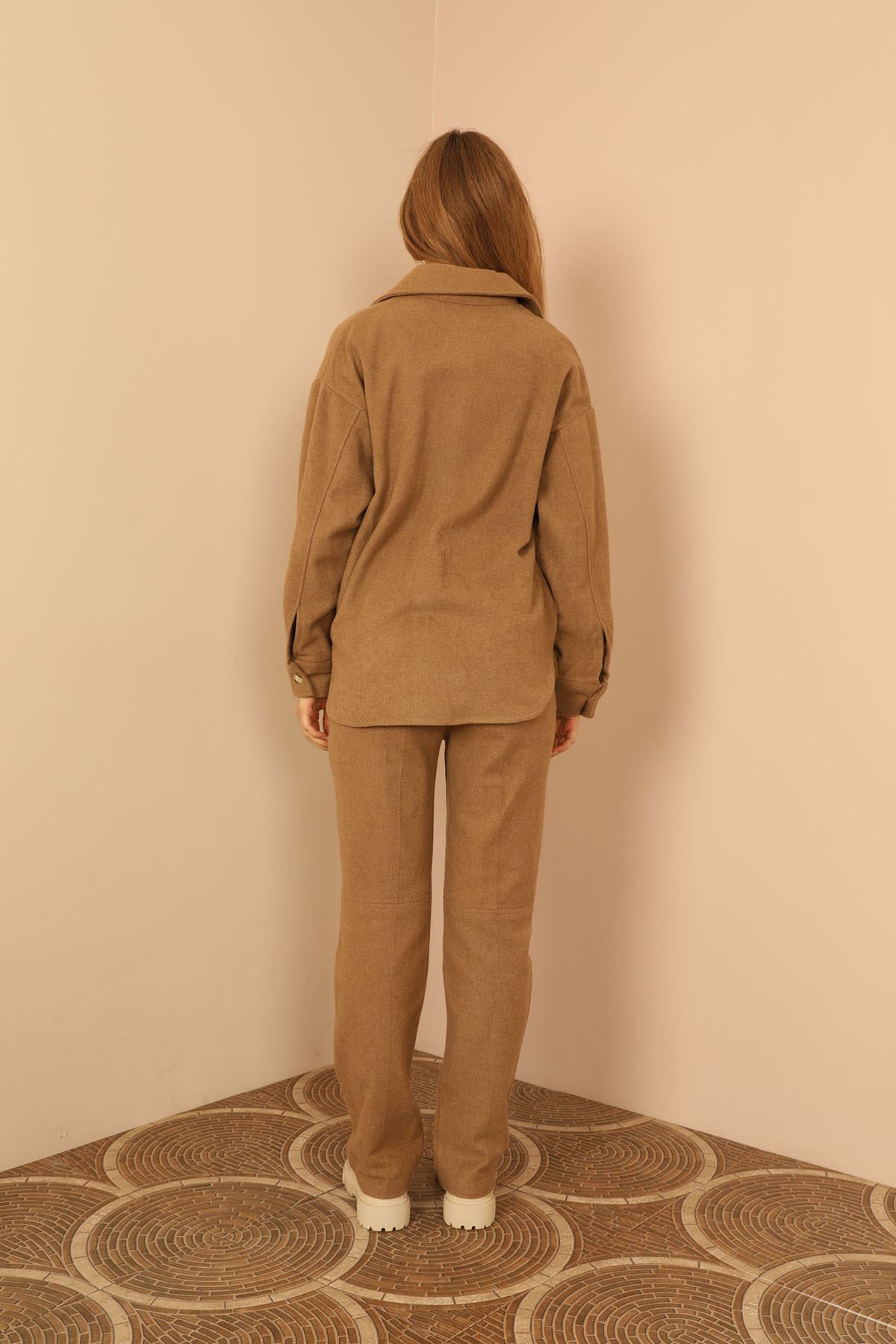 шерстяная ткань длинный джоггеры женские брюки - Коричневый