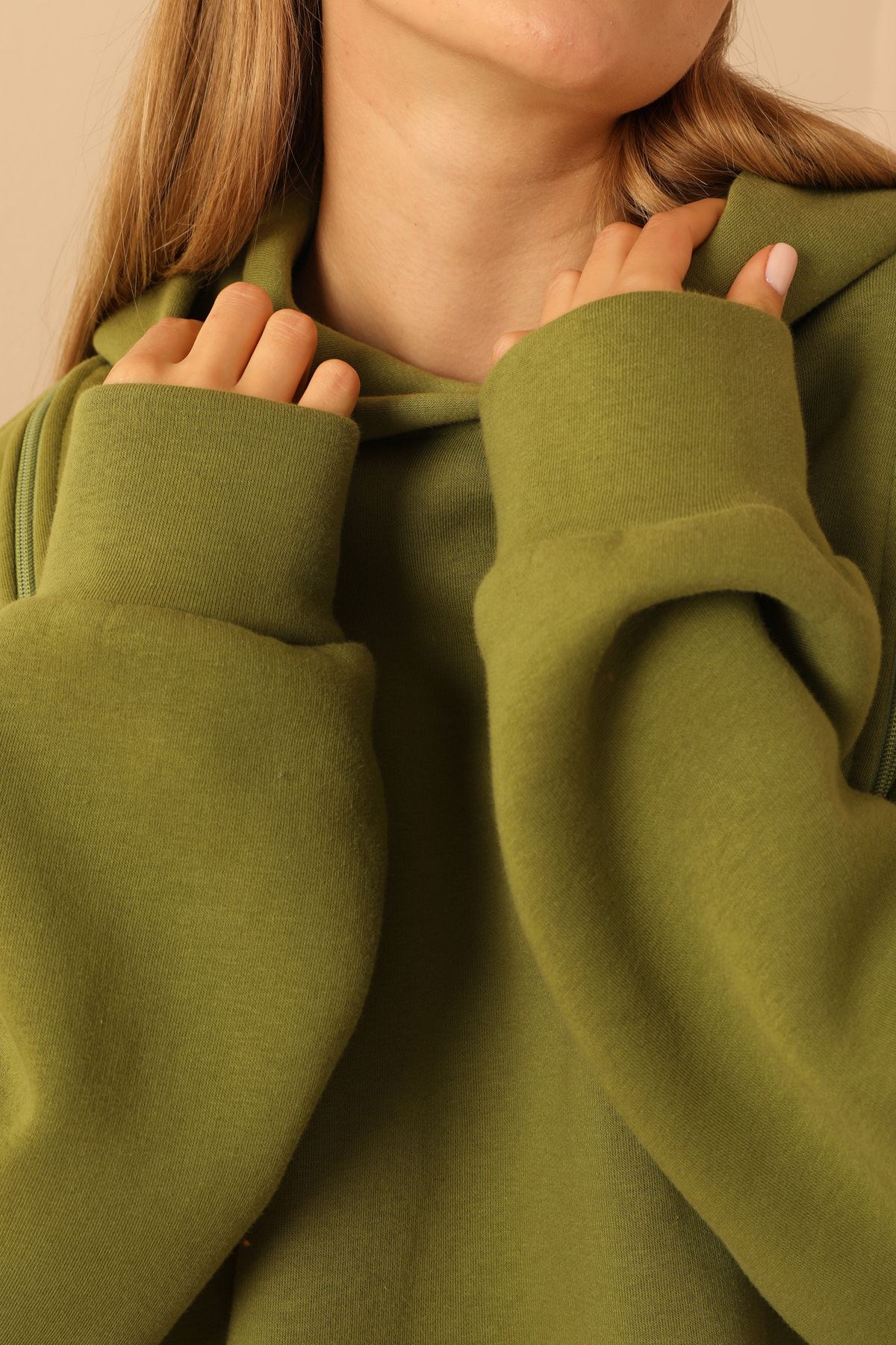 Thread Knit FabricLong Sleeve Hooded Below Hip Oversize Zip Women Sweatshirt - Khaki 