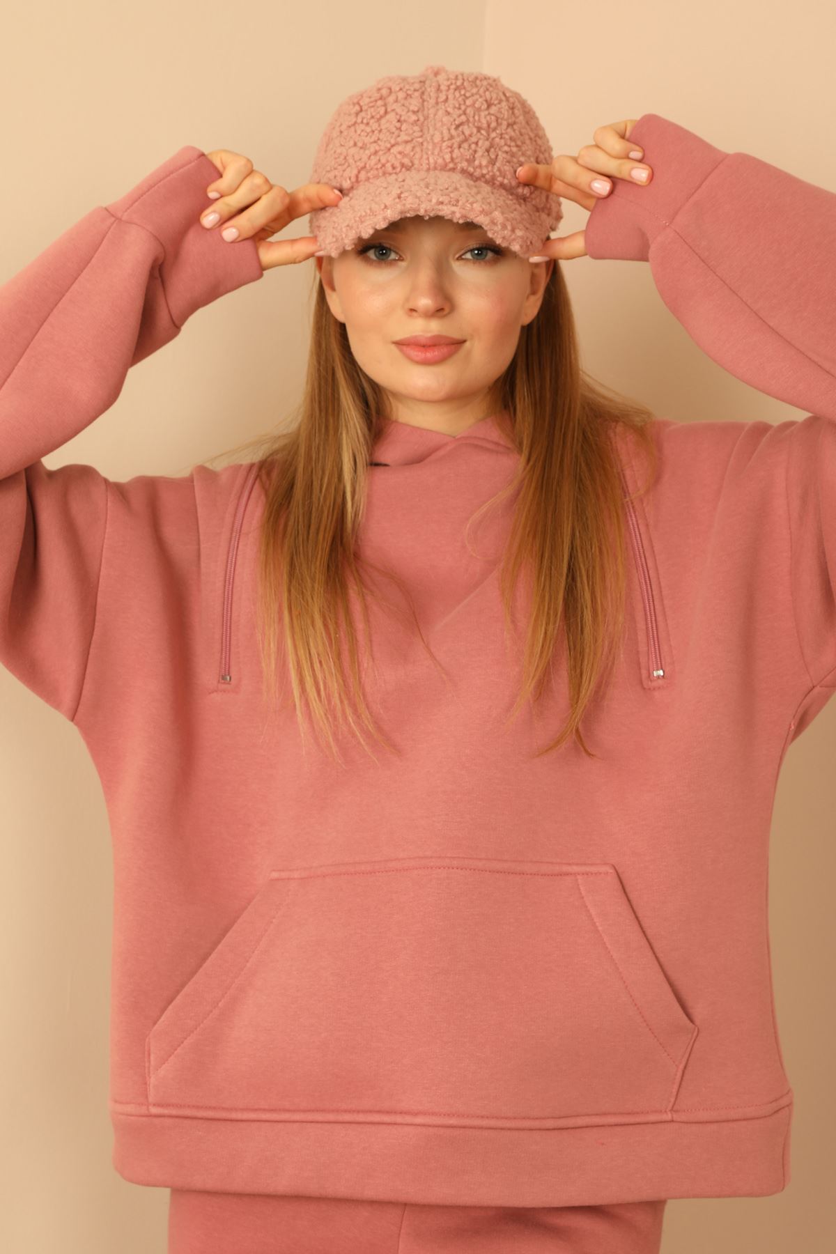 Thread Knit FabricLong Sleeve Hooded Below Hip Oversize Zip Women Sweatshirt - Rose 