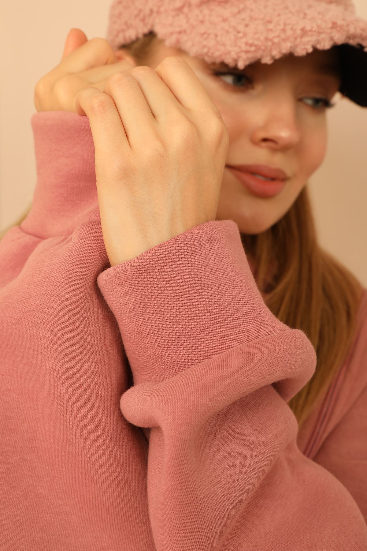 трехнитка ткань длинныйе рукава с капюшоном женский свитшот - Розовый