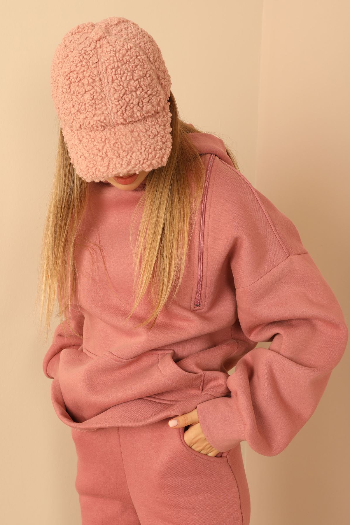 Thread Knit FabricLong Sleeve Hooded Below Hip Oversize Zip Women Sweatshirt - Rose 