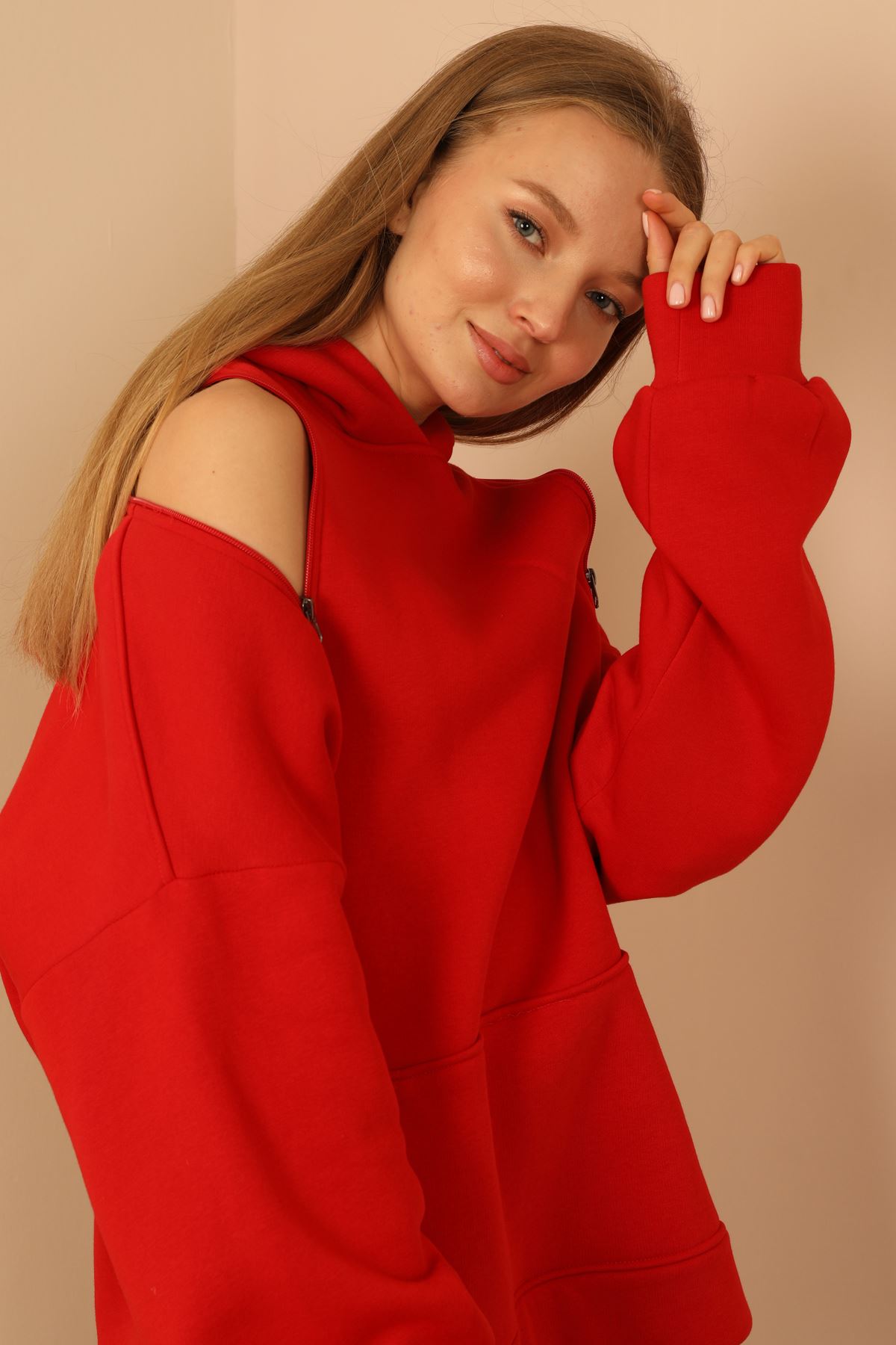 трехнитка ткань длинныйе рукава с капюшоном женский свитшот - Kрасный