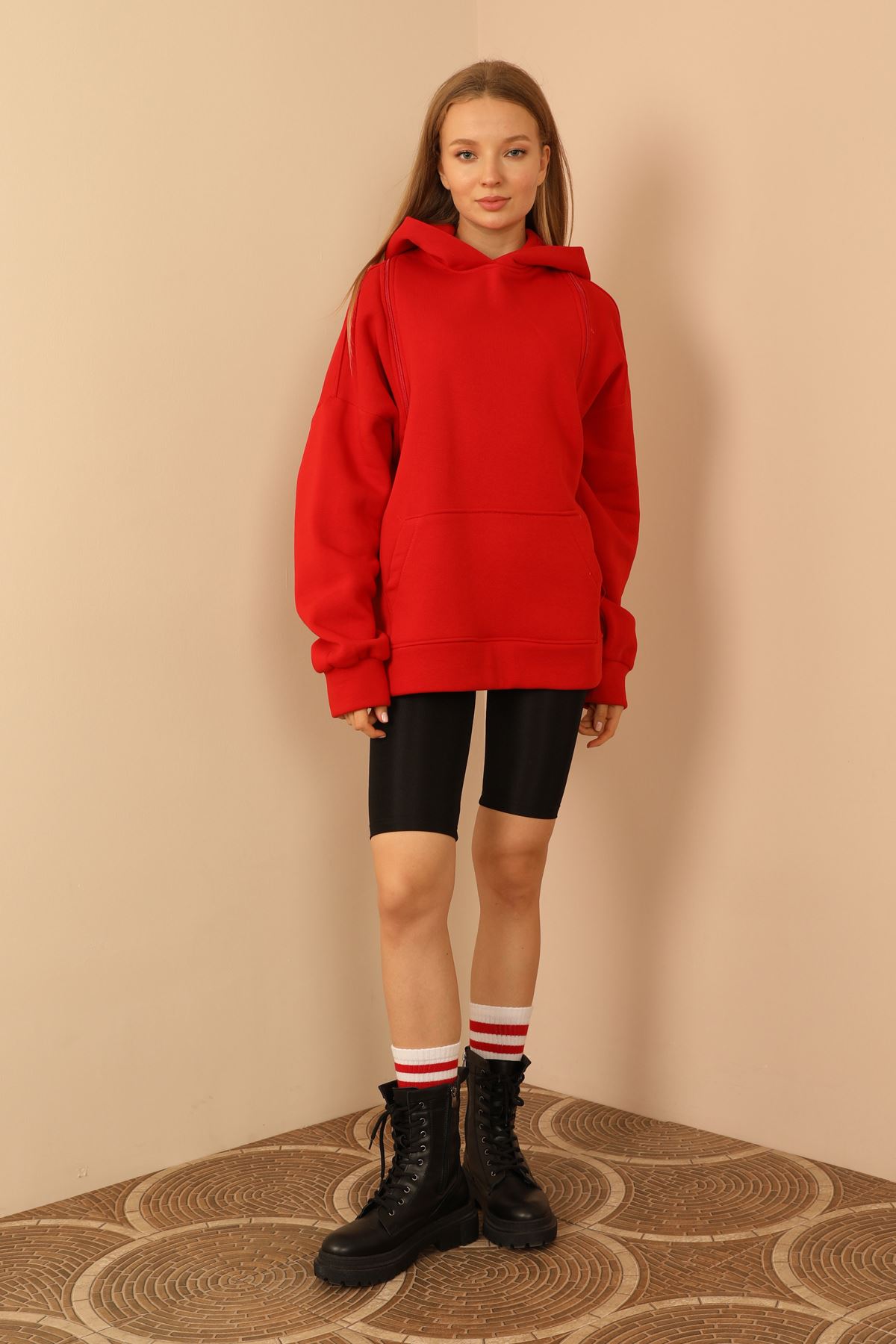 3 İplik Örme Kumaş Basen Altı Boy Fermuar Detaylı Kadın Sweatshirt-Kırmızı