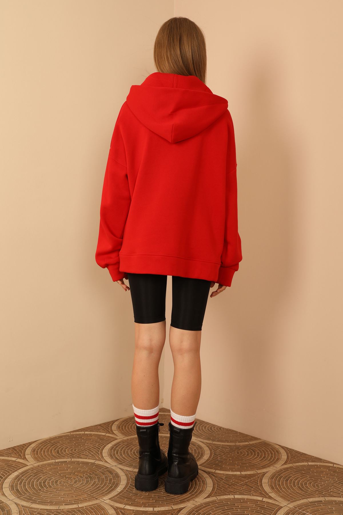 трехнитка ткань длинныйе рукава с капюшоном женский свитшот - Kрасный