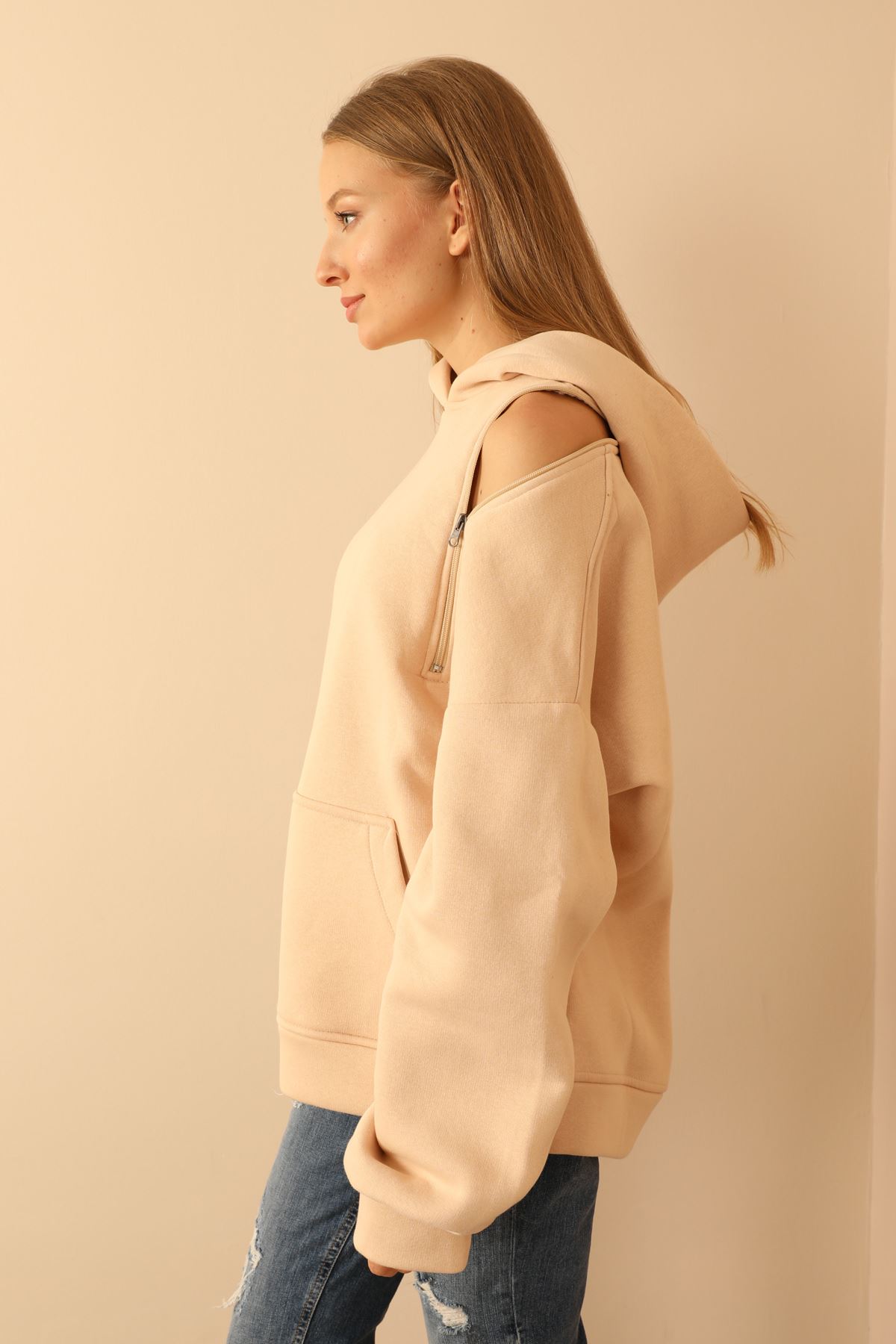 Thread Knit FabricLong Sleeve Hooded Below Hip Oversize Zip Women Sweatshirt - Beige 