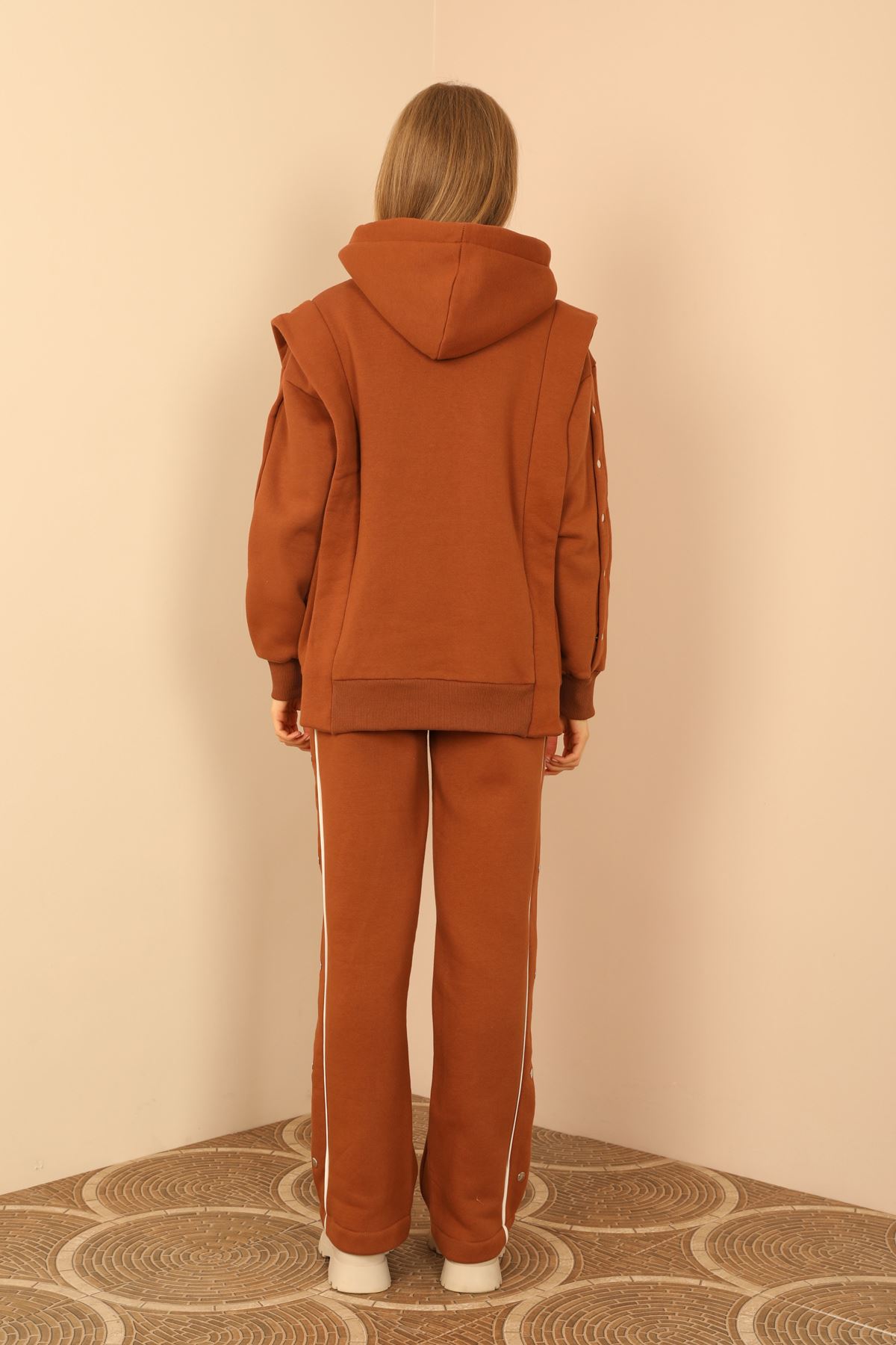 Thread Knit FabricLong Sleeve Hooded Hip Height Oversize Women'S Set 2 Pieces - Brown