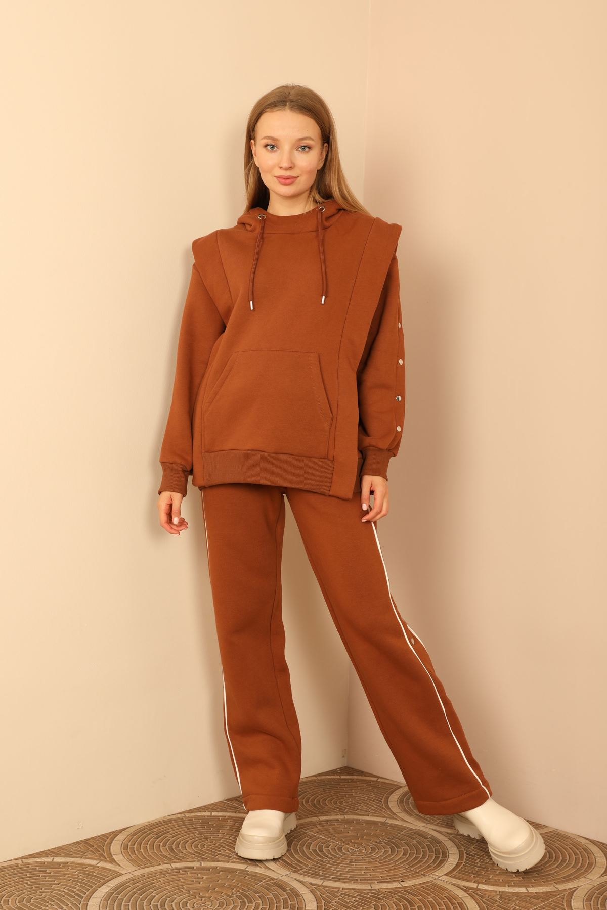 Thread Knit FabricLong Sleeve Hooded Hip Height Oversize Women'S Set 2 Pieces - Brown