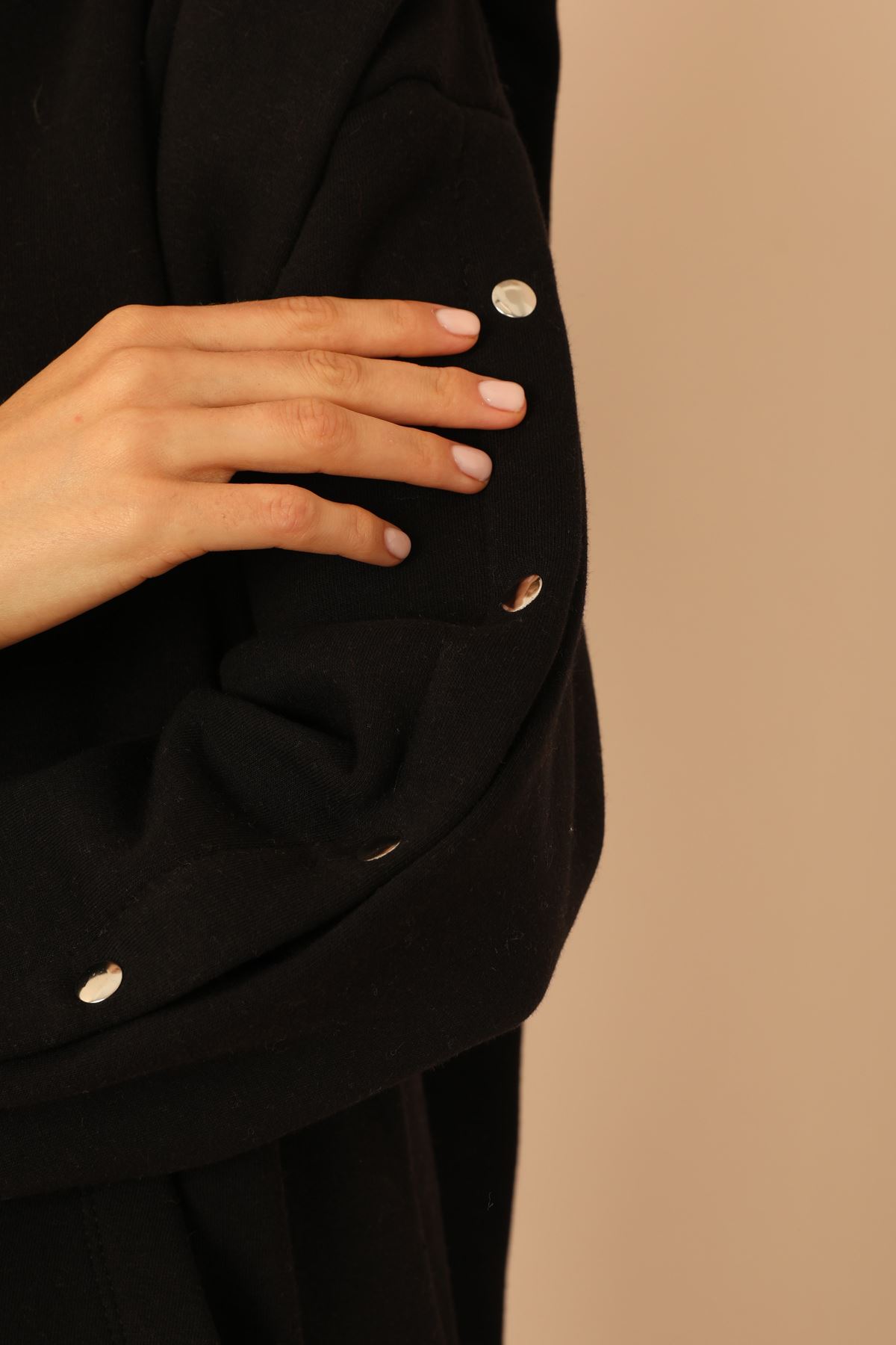 Thread Knit FabricLong Sleeve Hooded Hip Height Oversize Women'S Set 2 Pieces - Black
