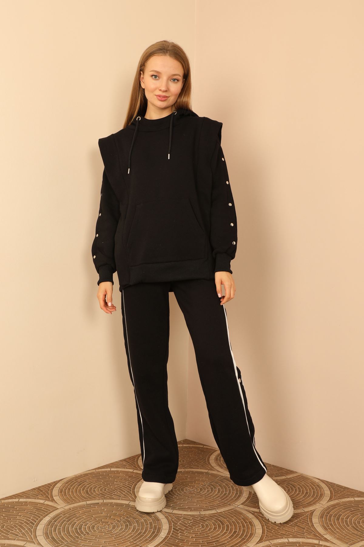 Thread Knit FabricLong Sleeve Hooded Hip Height Oversize Women'S Set 2 Pieces - Black