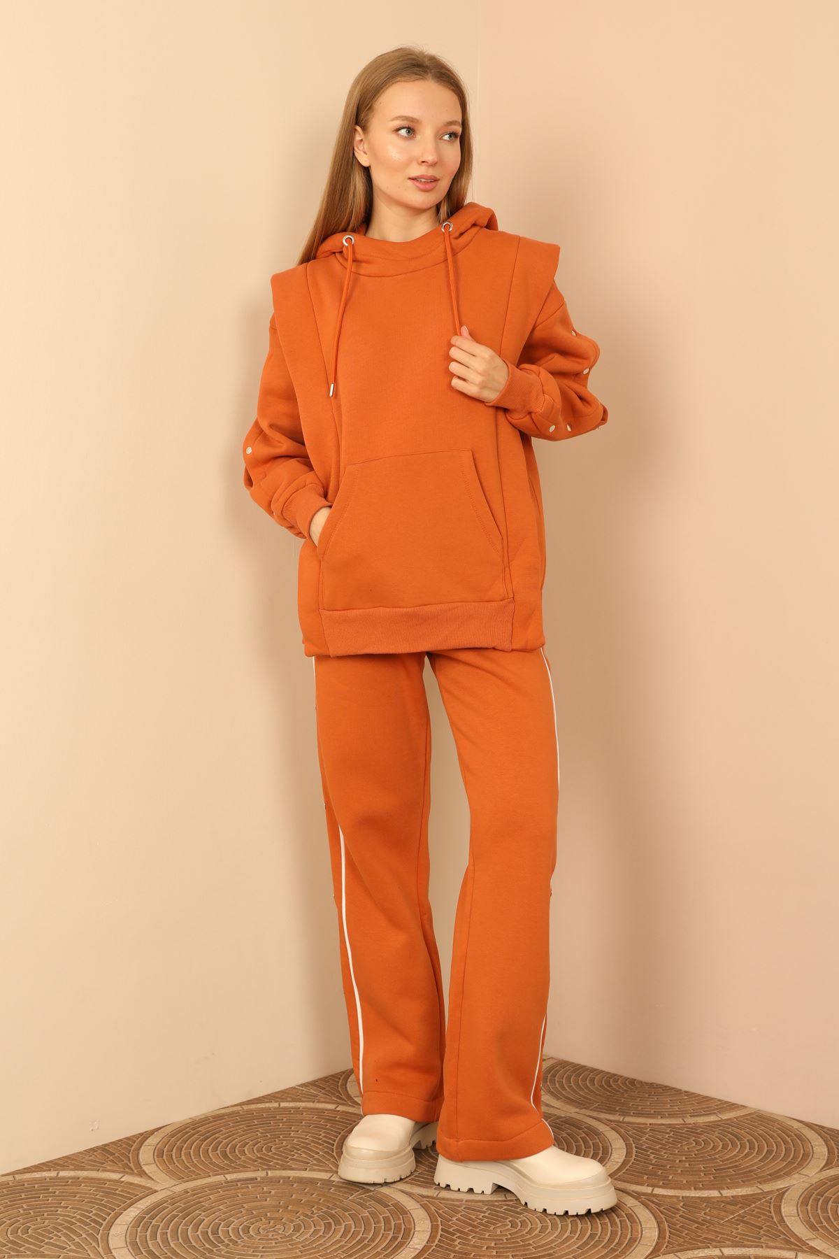 Thread Knit FabricLong Sleeve Hooded Hip Height Oversize Women'S Set 2 Pieces - Cinnamon 