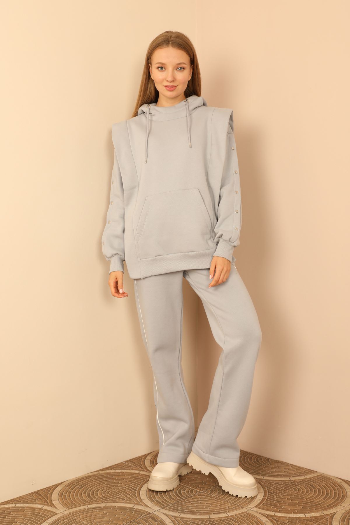 Thread Knit FabricLong Sleeve Hooded Hip Height Oversize Women'S Set 2 Pieces - Grey