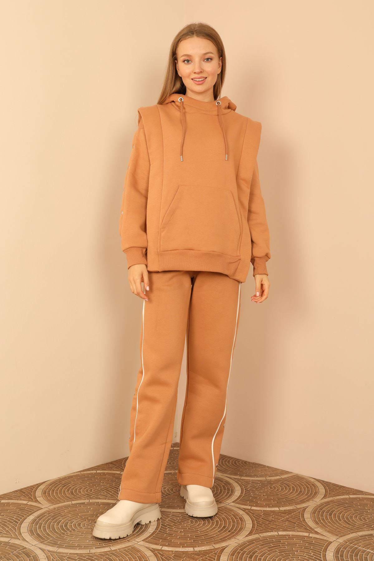 Thread Knit FabricLong Sleeve Hooded Hip Height Oversize Women'S Set 2 Pieces - Light Brown