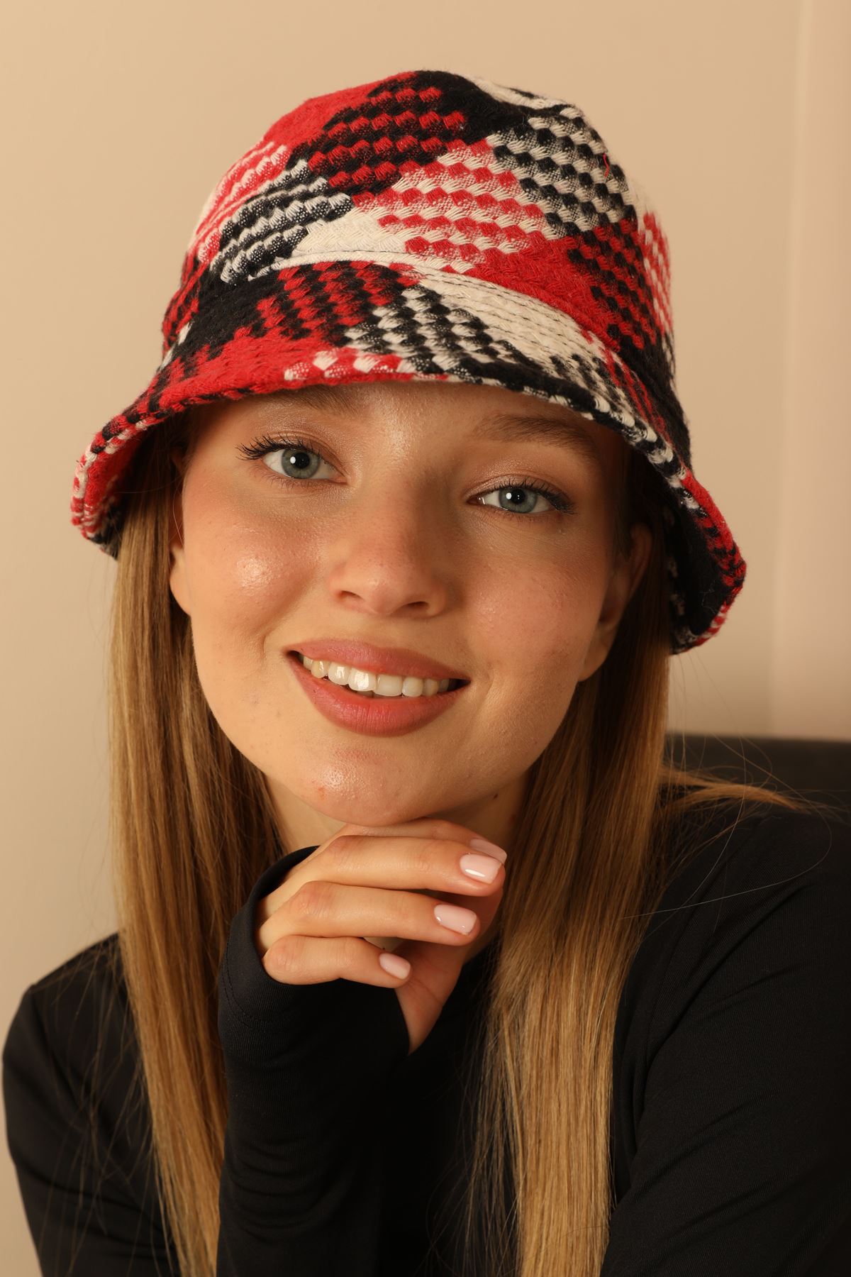 Ekose Desen Kaşe Kadın Bucket Şapka-Kırmızı