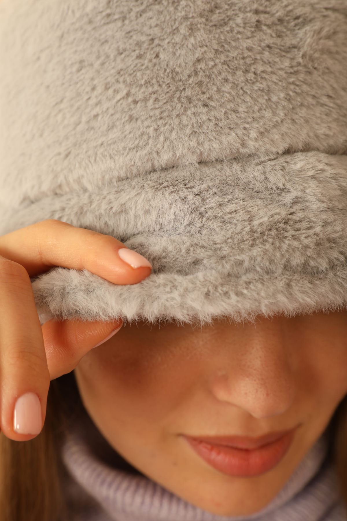 Plush Fabric Women's Bucket Hat-Grey