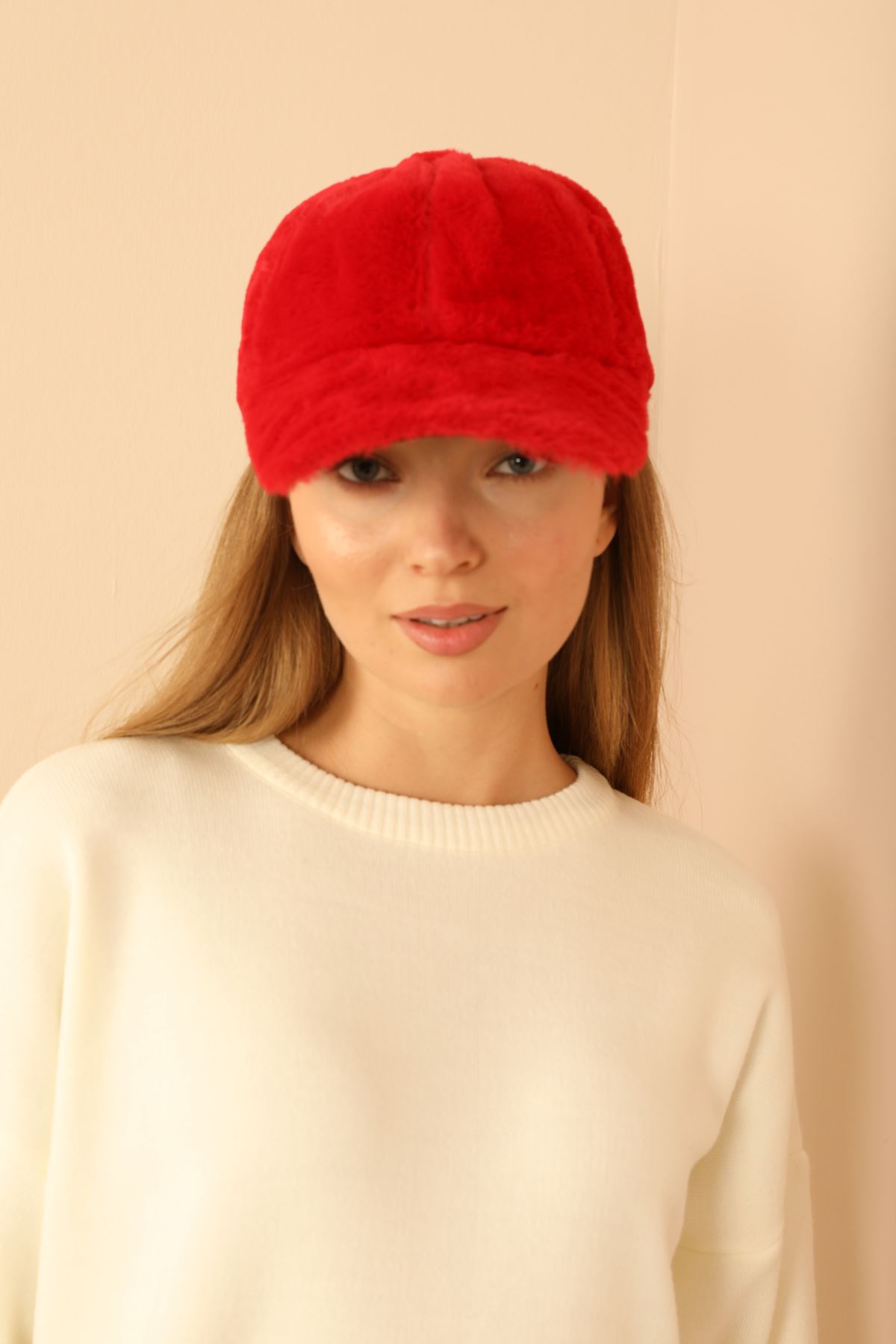 Plush Fabric Women's Cap-Red