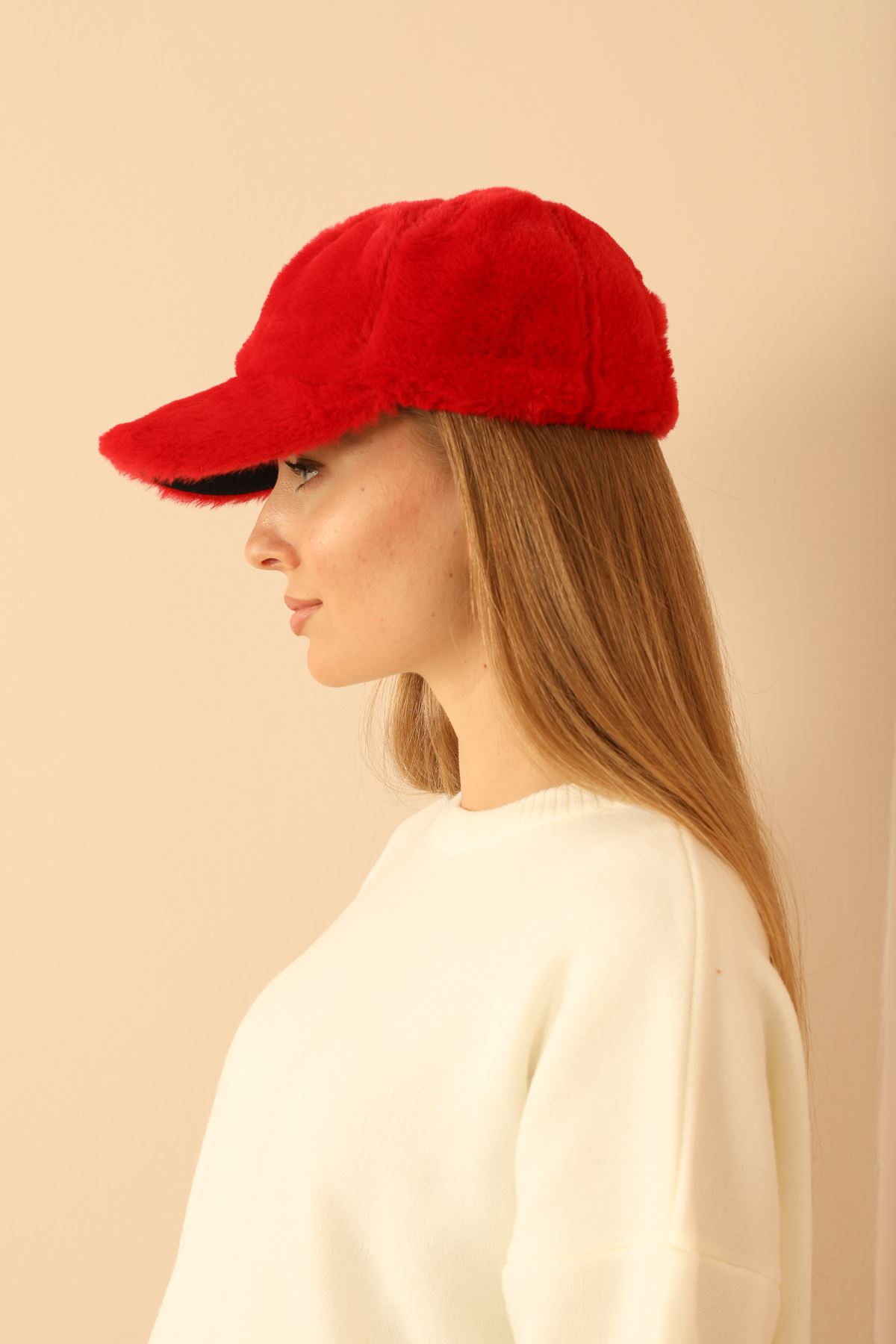 Plush Fabric Women's Cap-Red