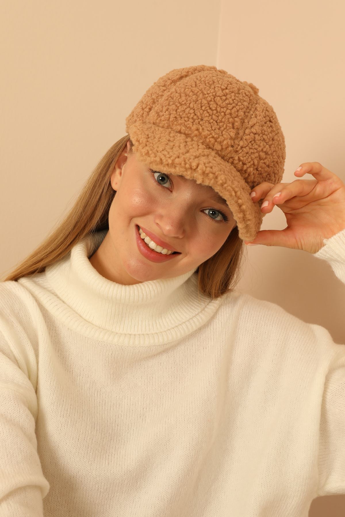 Furry Curly Women's Cap-Beige