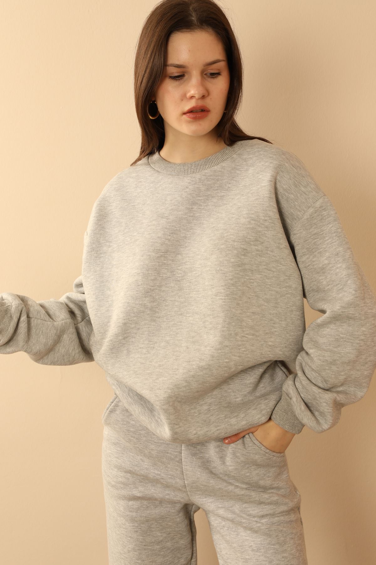 Third Knit With Wool İnside Fabric Long Sleeve Below Hip Women Sweatshirt