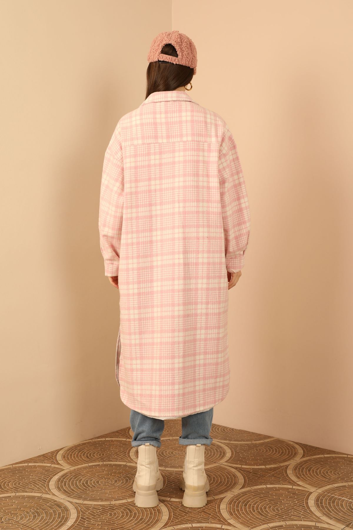 Oduncu Kumaş Gömlek Yaka Diz Altı Boy Oversize/Salaş Ekose Kadın Ceket-Pembe