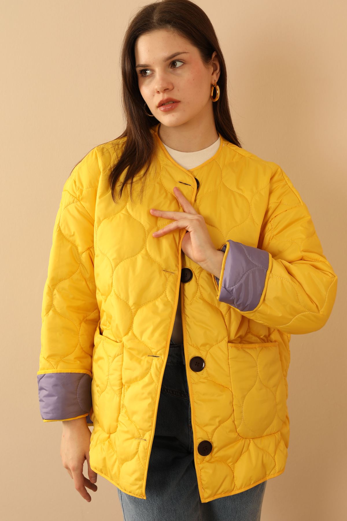 Jesica Fabric Onion Pattern Women Puffer Jacket-Yellow