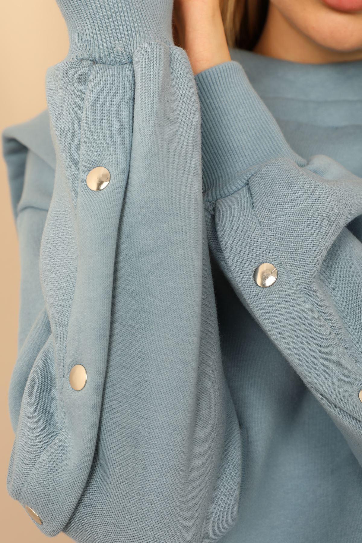 Thread Knit FabricLong Sleeve Hooded Hip Height Oversize Women'S Set 2 Pieces - Light Blue