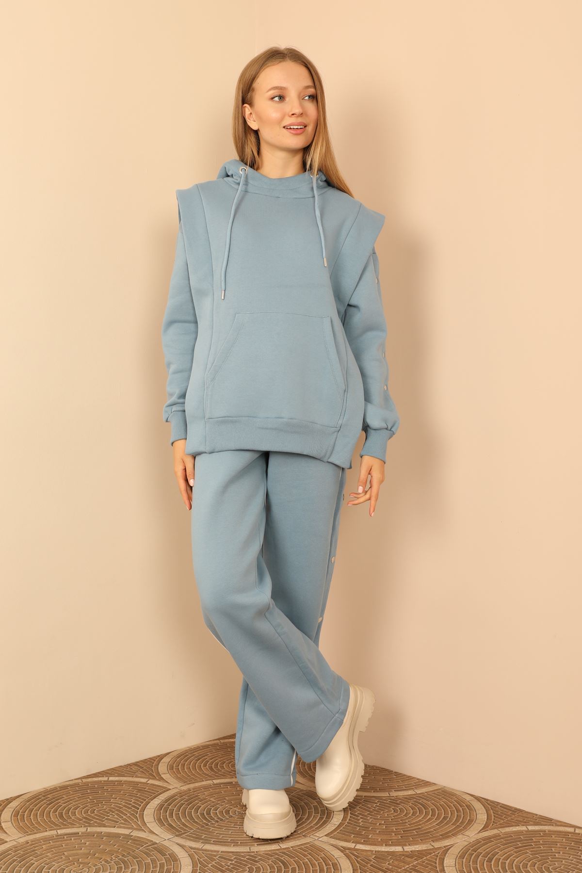 Thread Knit FabricLong Sleeve Hooded Hip Height Oversize Women'S Set 2 Pieces - Light Blue