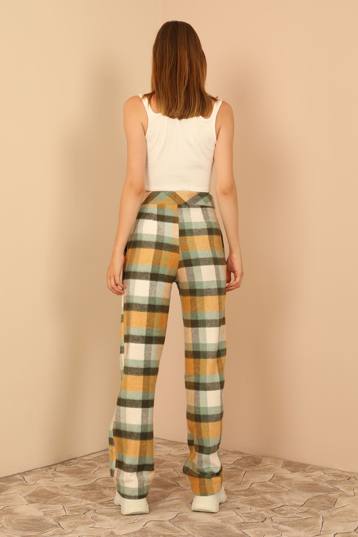 Plaid Fabric Comfy Fit Women'S Trouser - Mustard