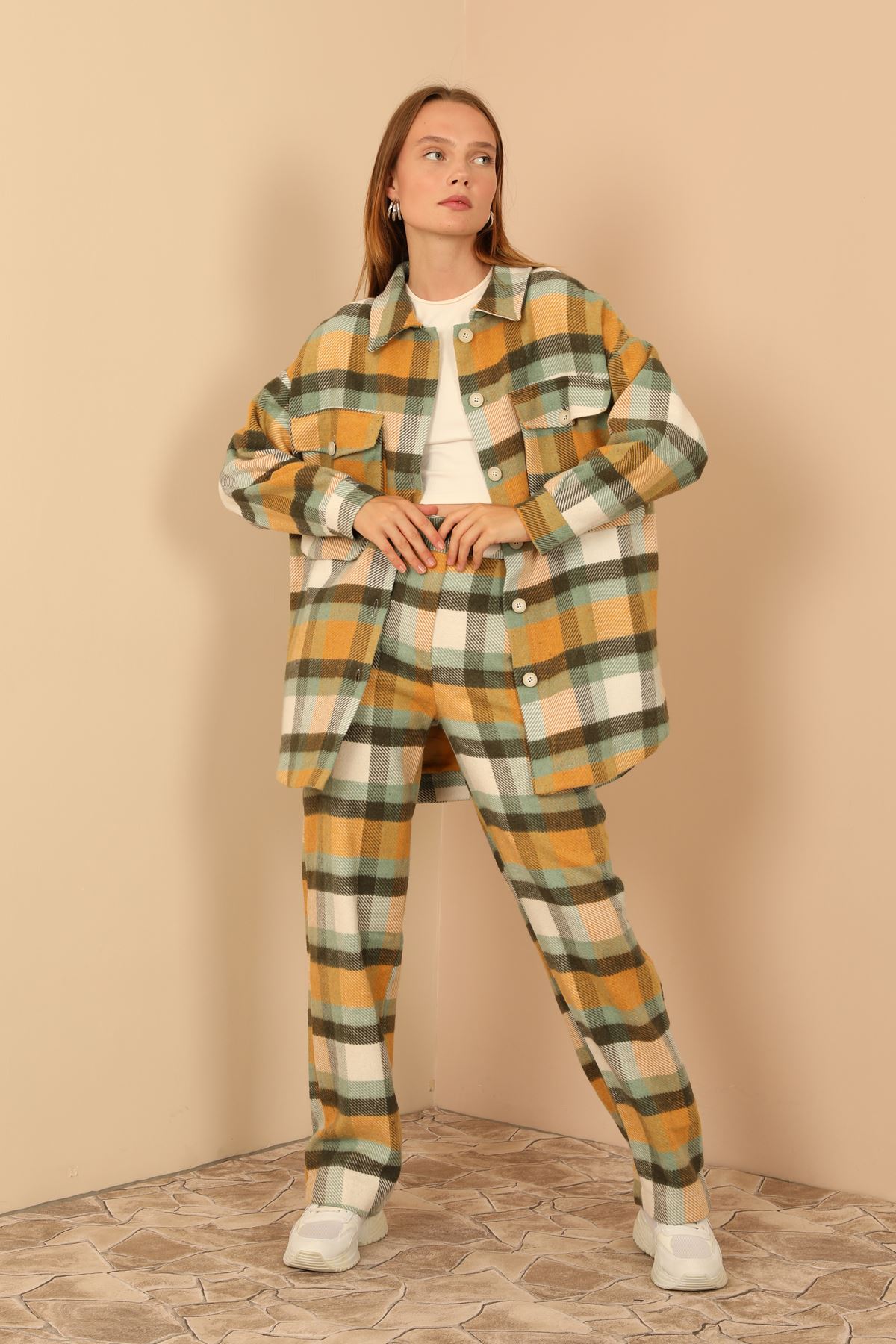 Plaid Fabric Comfy Fit Women'S Trouser - Mustard