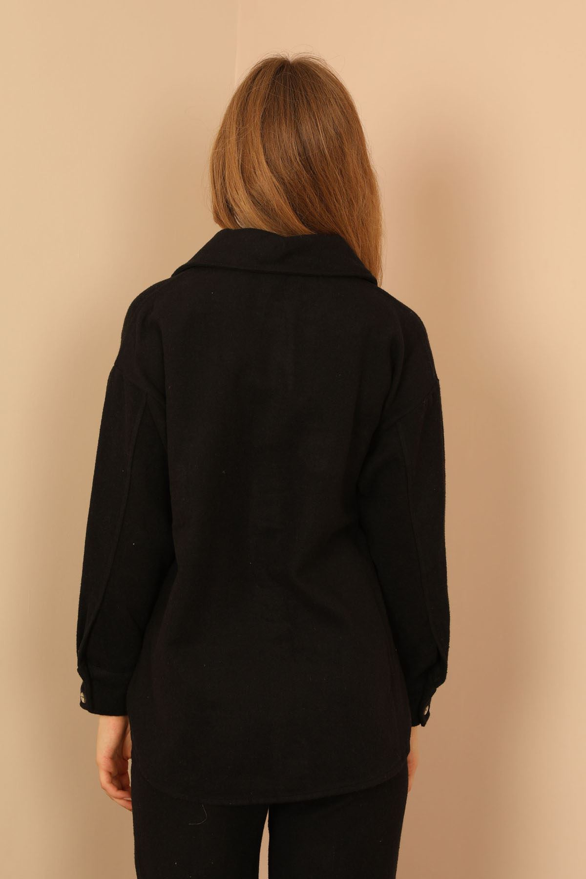 шерстяная ткань отложной воротник длинна под бедром рубашка - Чёрный
