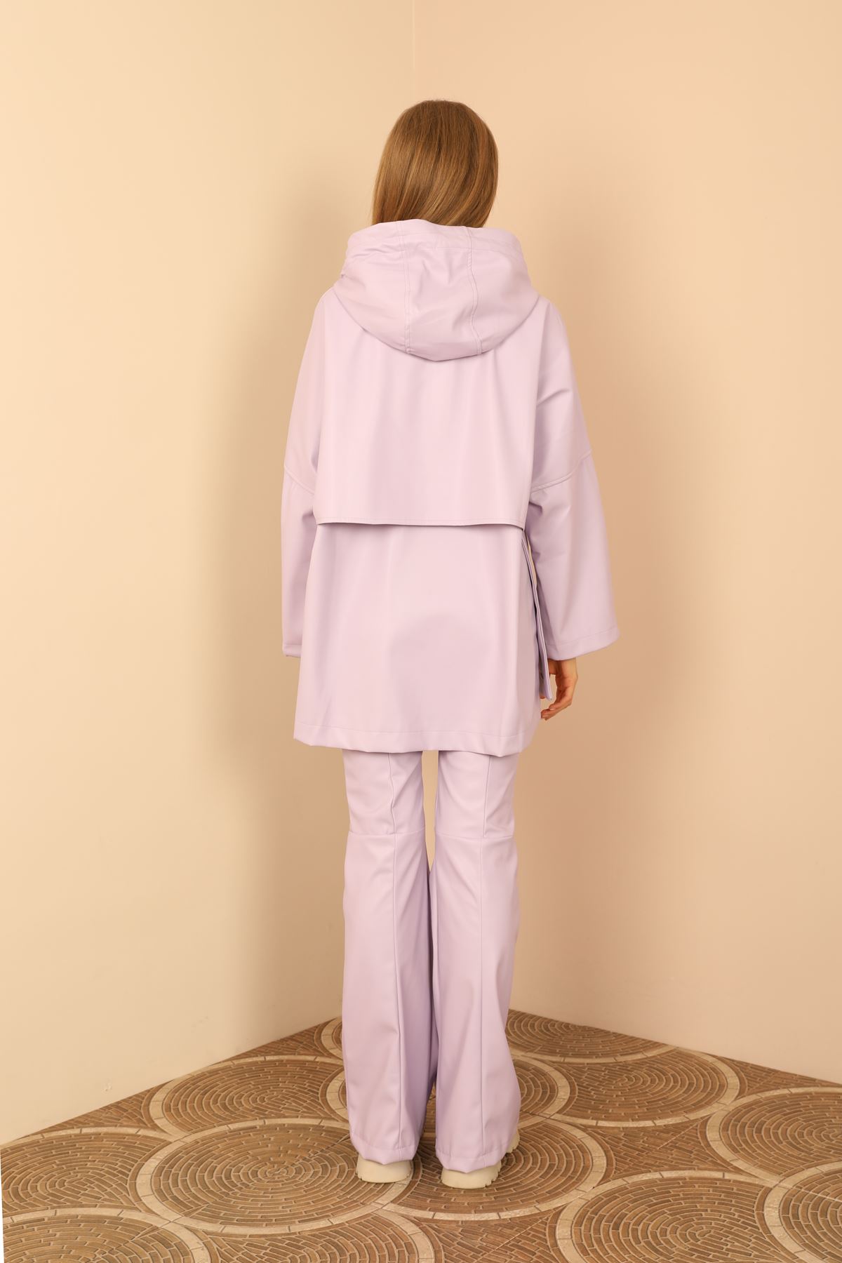 Zara Leather Fabric Long Sleeve Hooded Long Oversize Women Sweatshirt - Lilac