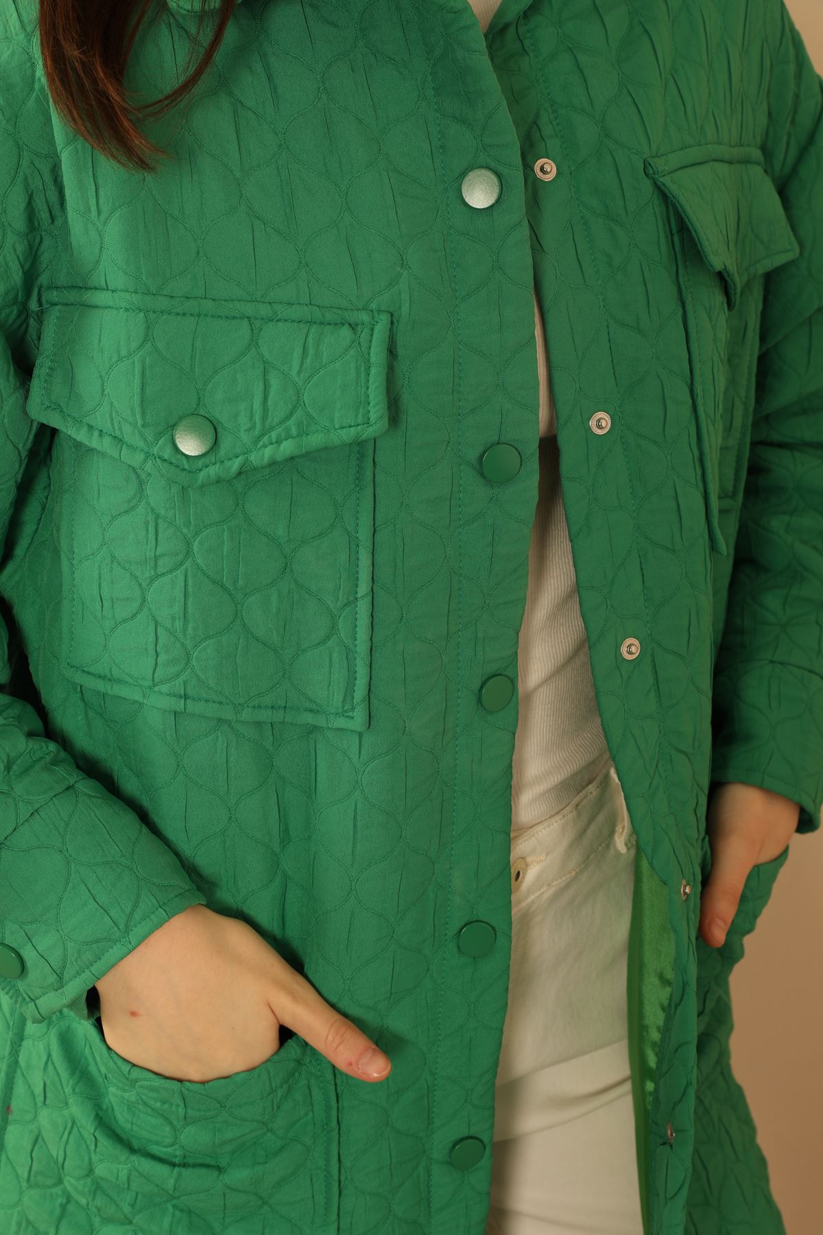 Jakar Kumaş Soğan Desen Oversize Kadın Uzun Gömlek-Yeşil