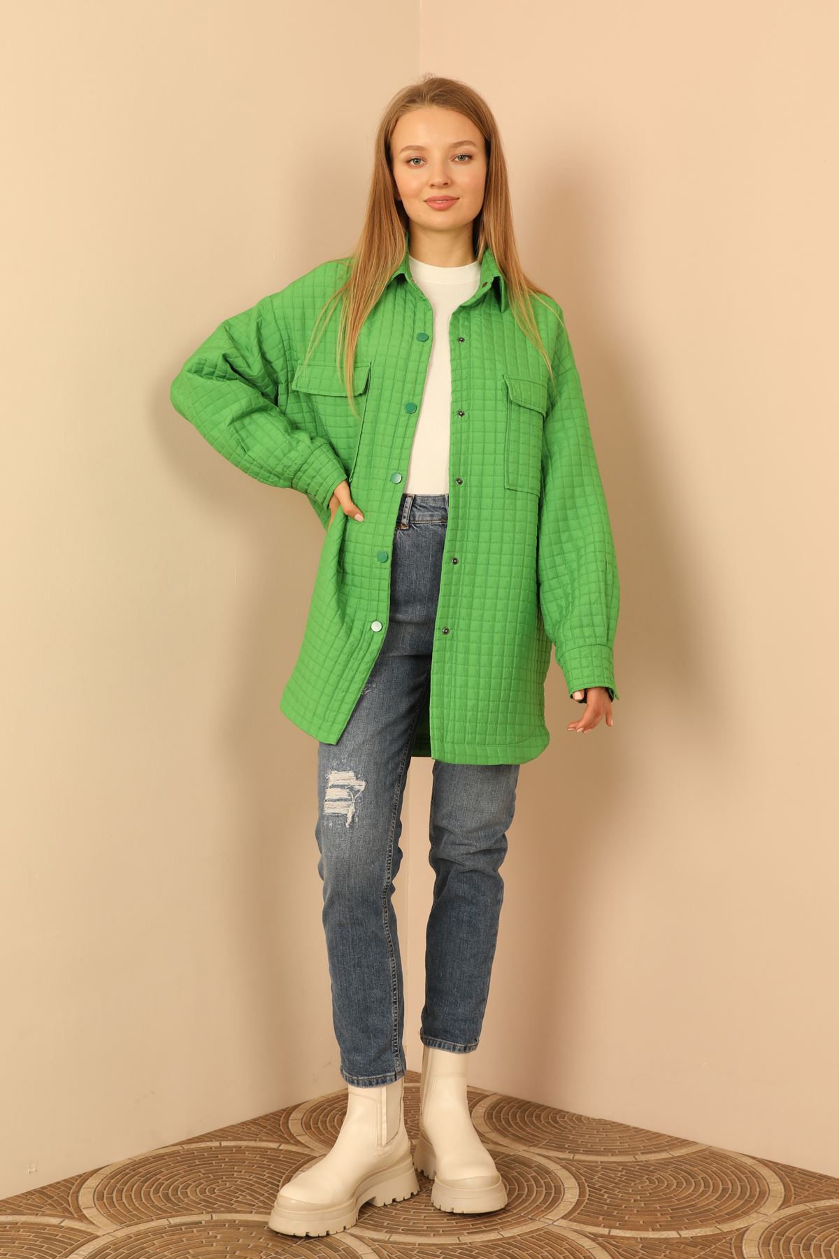 Jakar Kumaş Küçük Kare Desen Oversize Kadın Gömlek-Yeşil