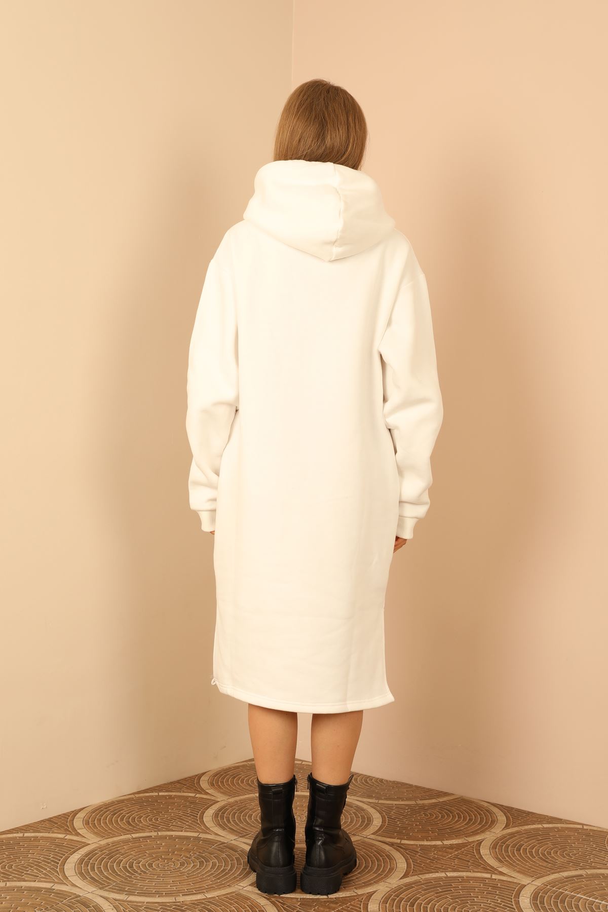 Third Knit With Wool İnside Fabric Long Sleeve Hooded Oversize Women Dress - Ecru