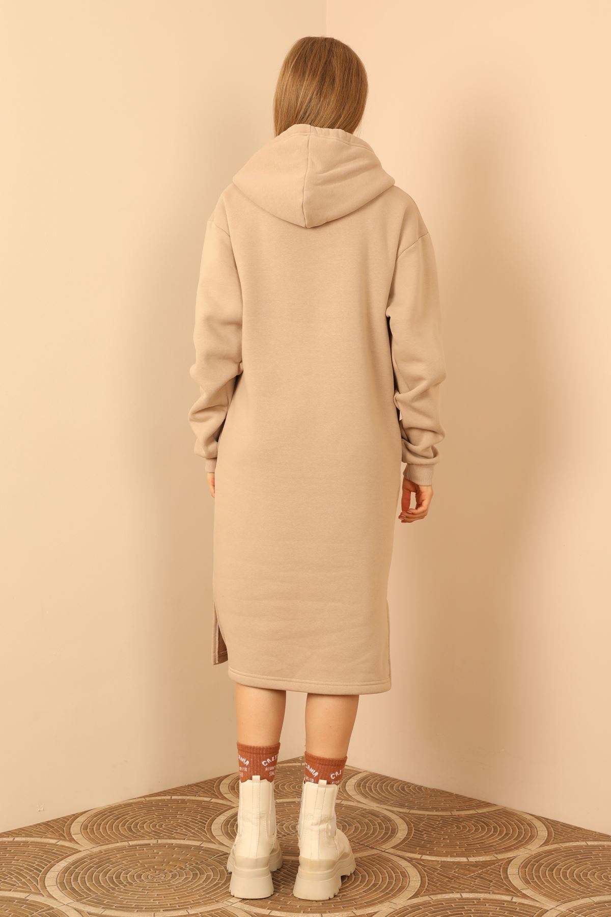 Şardonlu 3 İplik Kumaş Kapüşonlu Kadın Elbise-Vizon