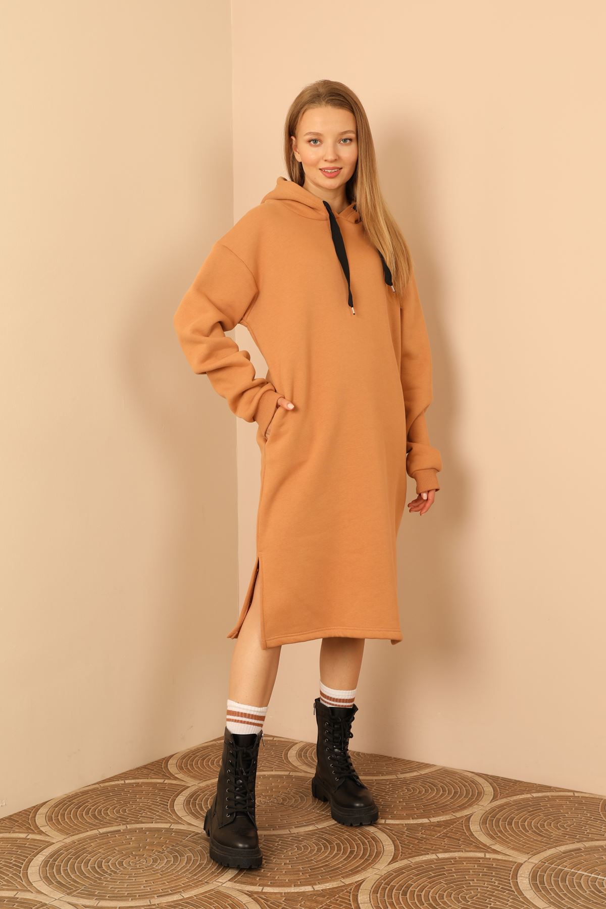 Third Knit With Wool İnside Fabric Long Sleeve Hooded Oversize Women Dress - Light Brown