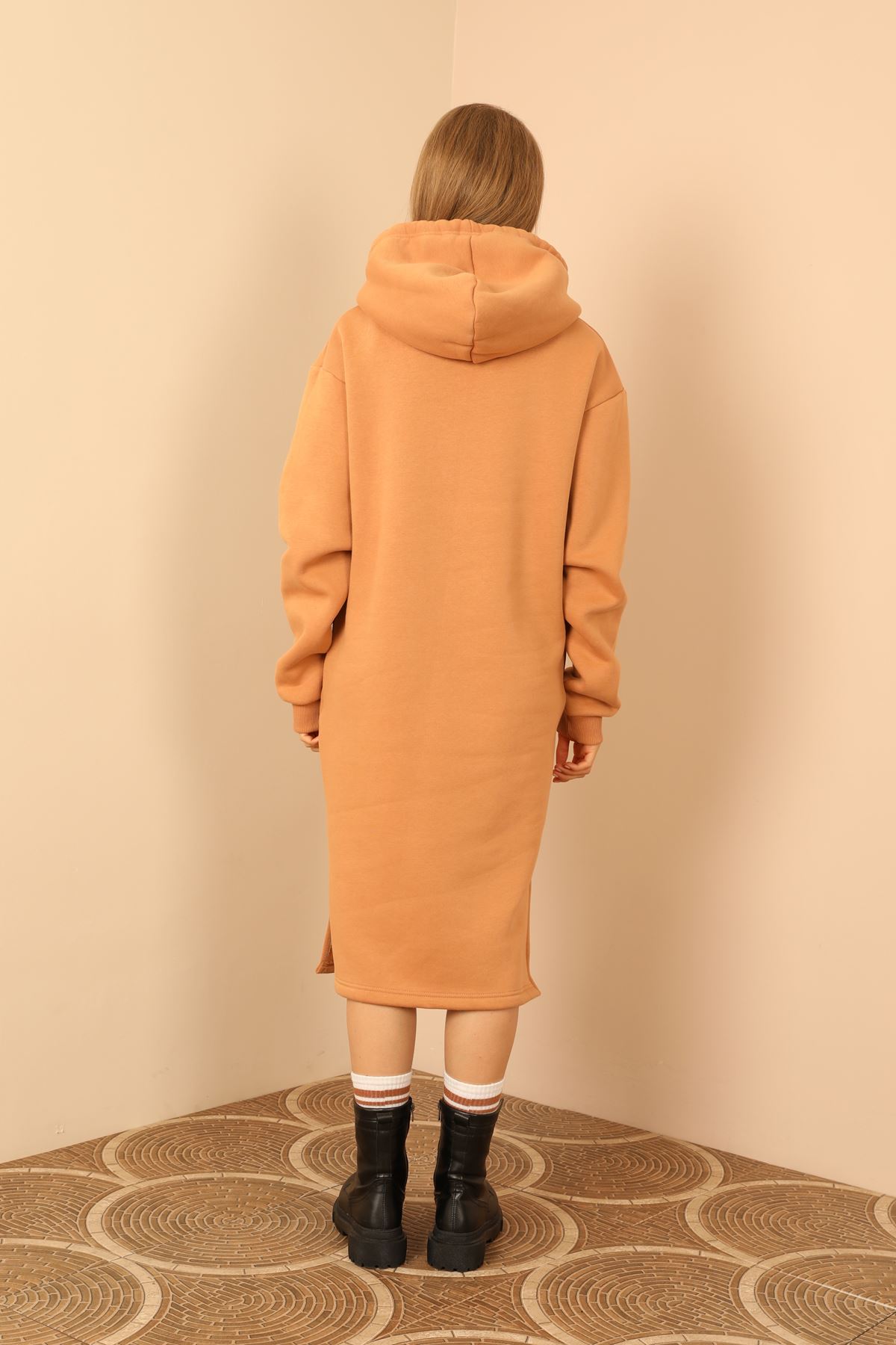 Third Knit With Wool İnside Fabric Long Sleeve Hooded Oversize Women Dress - Light Brown